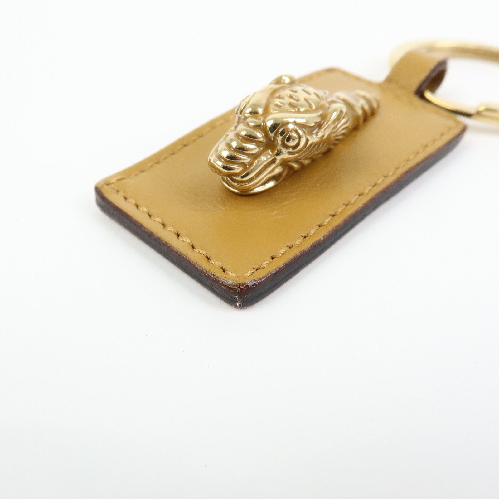 GUCCI Tiger Head Leather Metal Bag Charm Key Holder Brown Gold