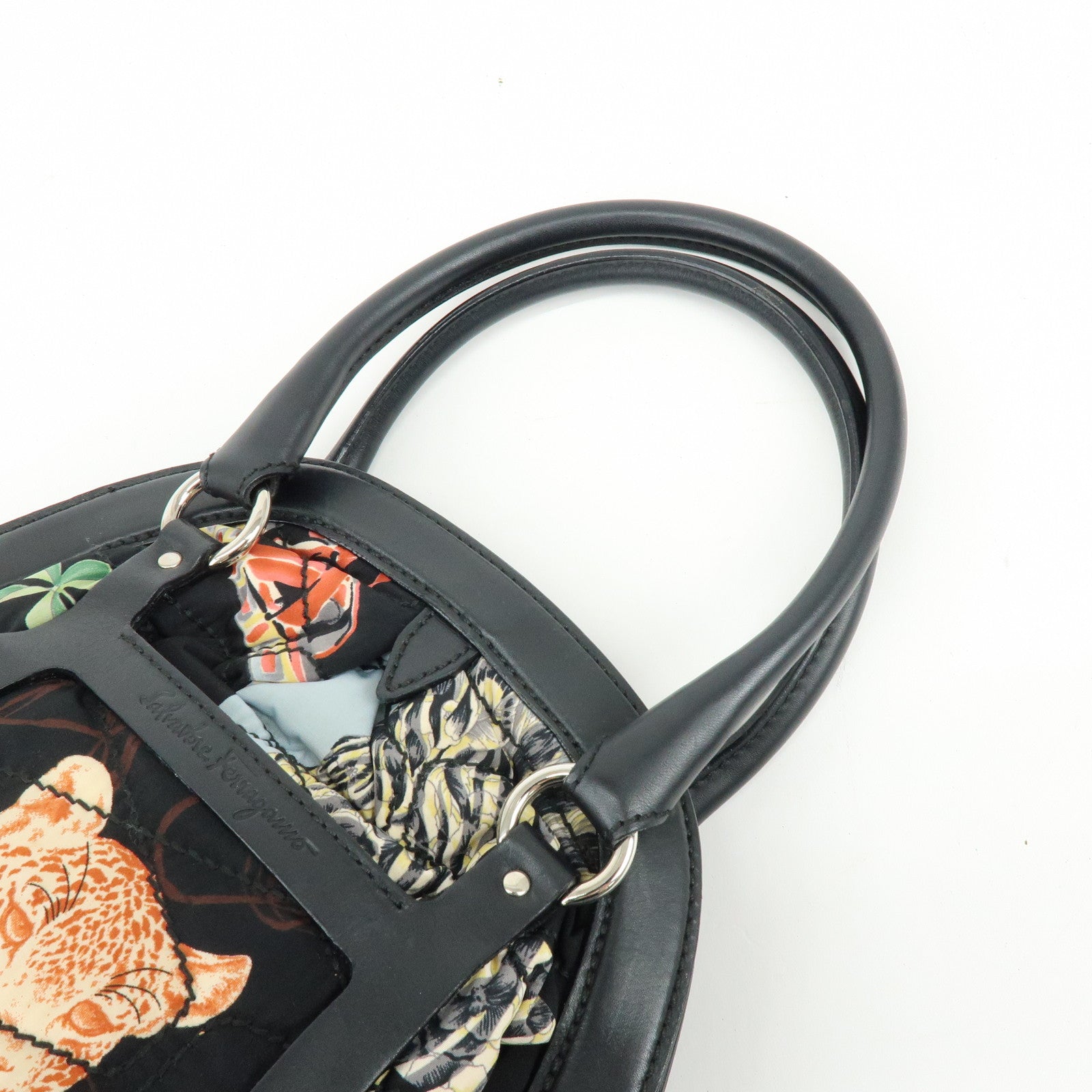 Ferragamo Nylon Quilting Leather Hand Bag Animalier Black Multicolor