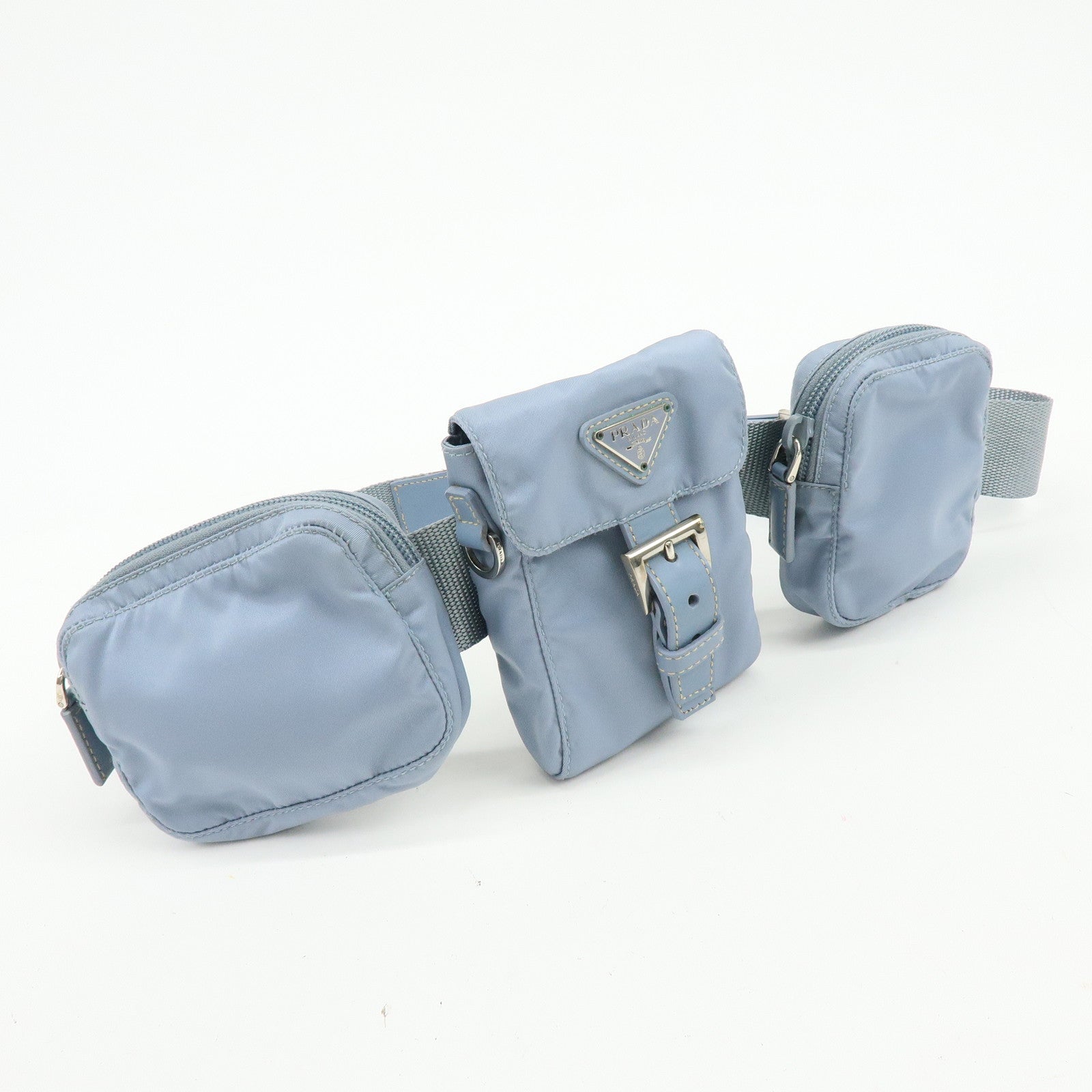 PRADA Triangle Logo Nylon Leather Waist Bag Body Bag Light Blue