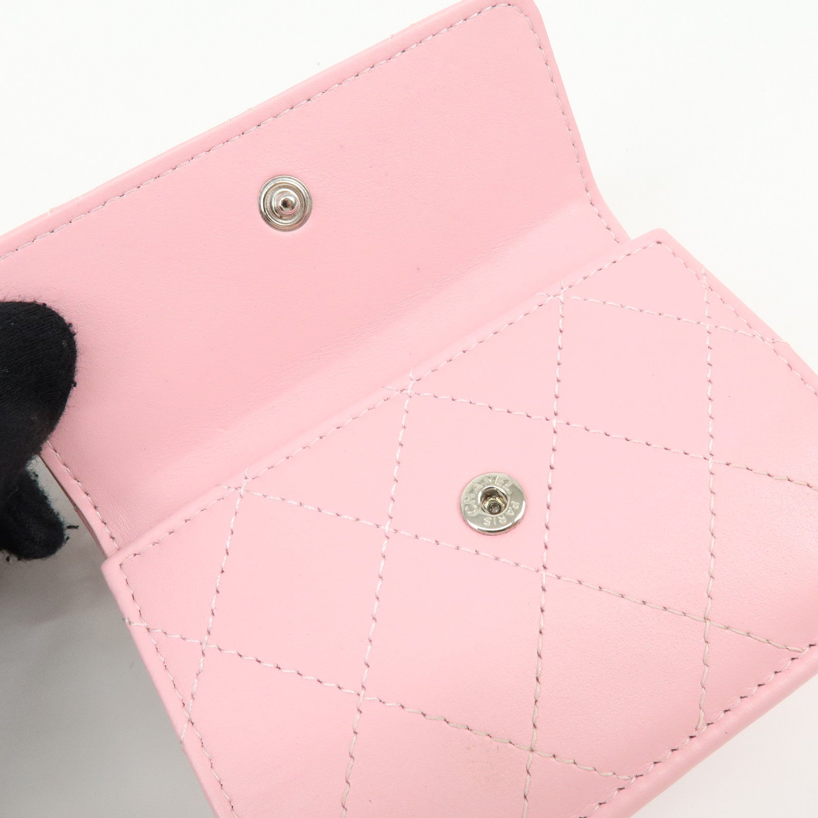 CHANEL COCO Mark Wild Stitch Calf Skin Tri-Fold Compact Wallet Pink