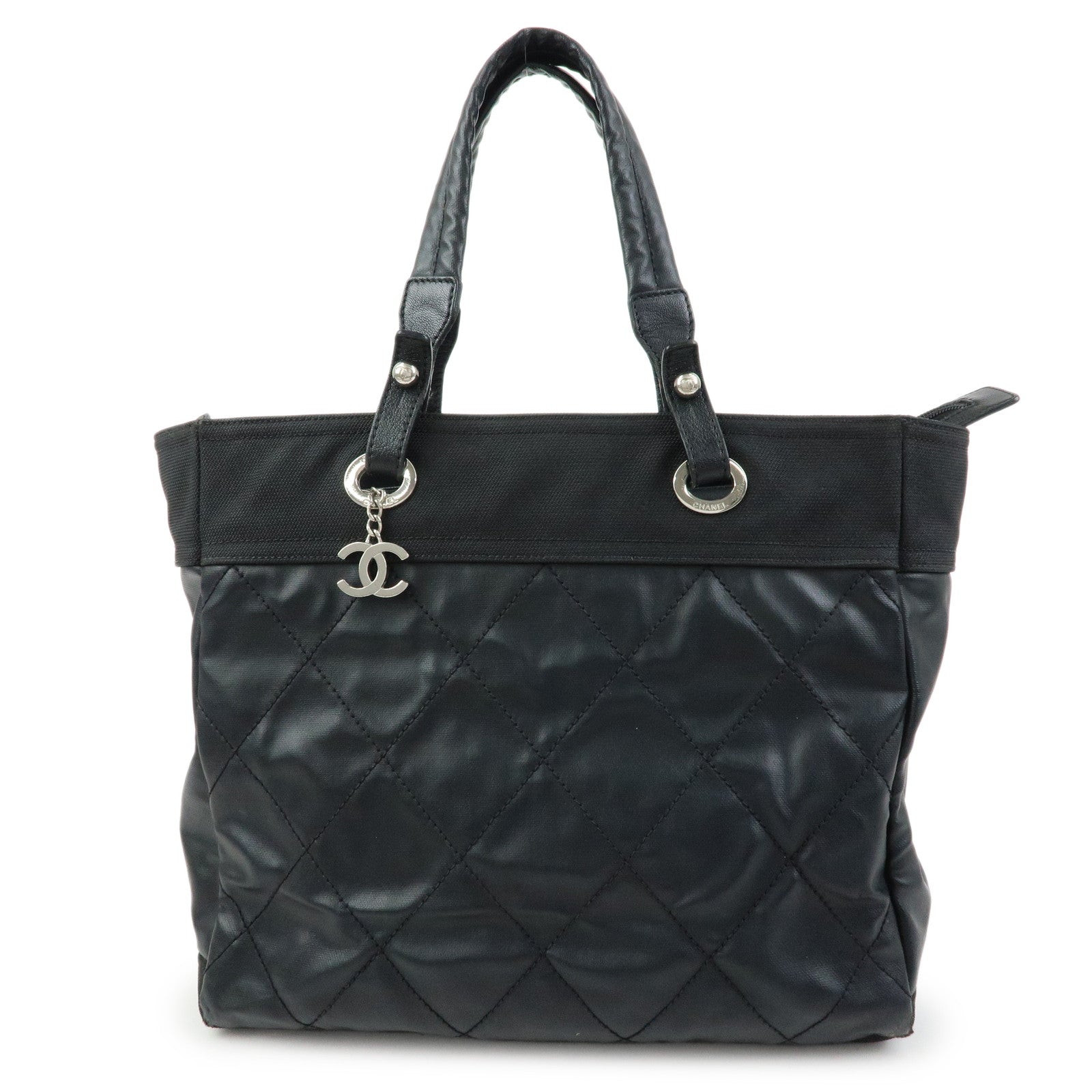 CHANEL PVC Leather Paris Biarritz Tote Bag Hand Bag MM Black A34209