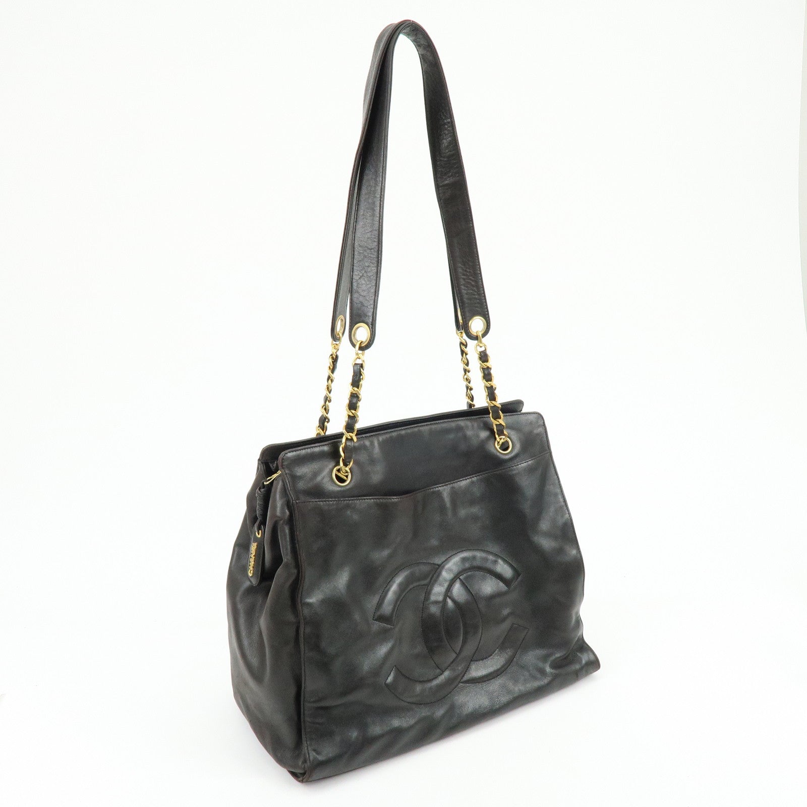 CHANEL COCO Mark Lamb Skin Chain Tote Bag Shoulder Bag Black