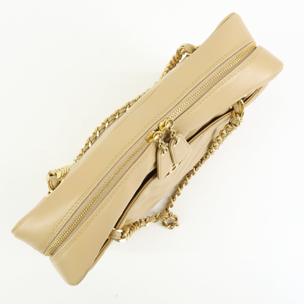 CHANEL Chevron COCO Mark Lamb Skin Chain Shoulder Bag Beige