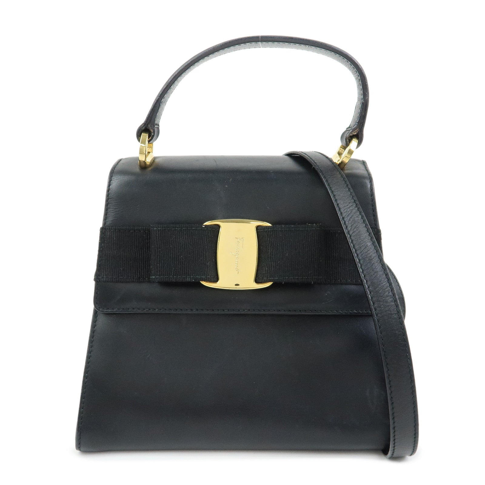 Ferragamo Vara Ribbon Leather 2Way Hand Bag Shoulder Bag Black