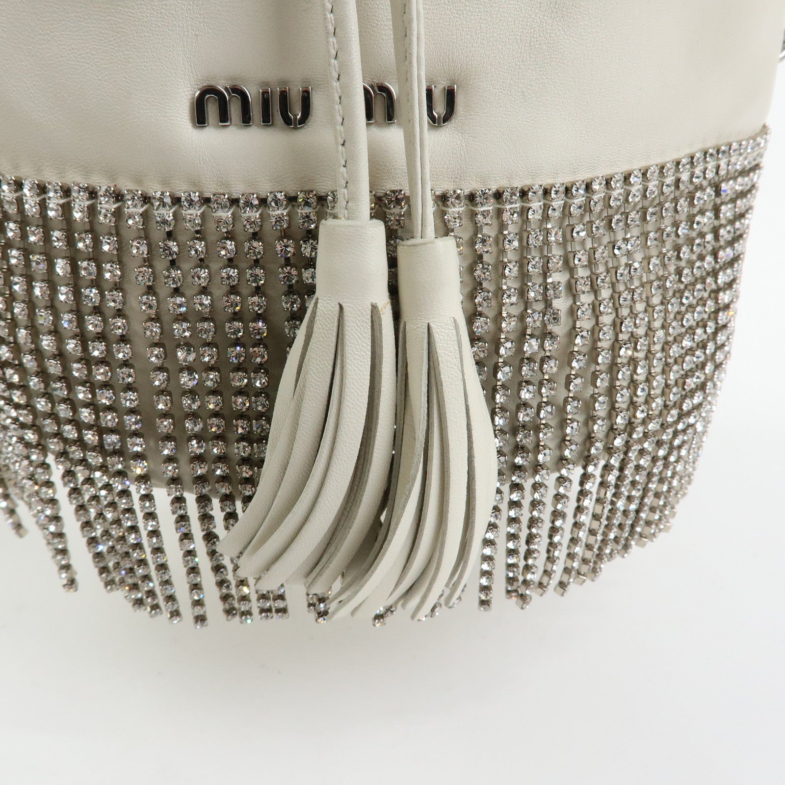 MIU MIU Nappa Leather 2Way Hand Bag Shoulder Bag Fringe White 5BE014