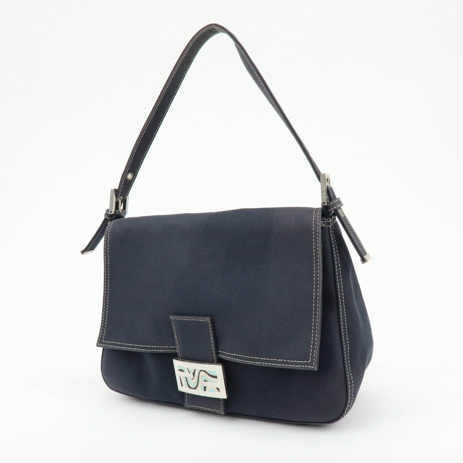 FENDI Mamma Baguette Canvas Shoulder Bag Marble Motif Navy 8BR001