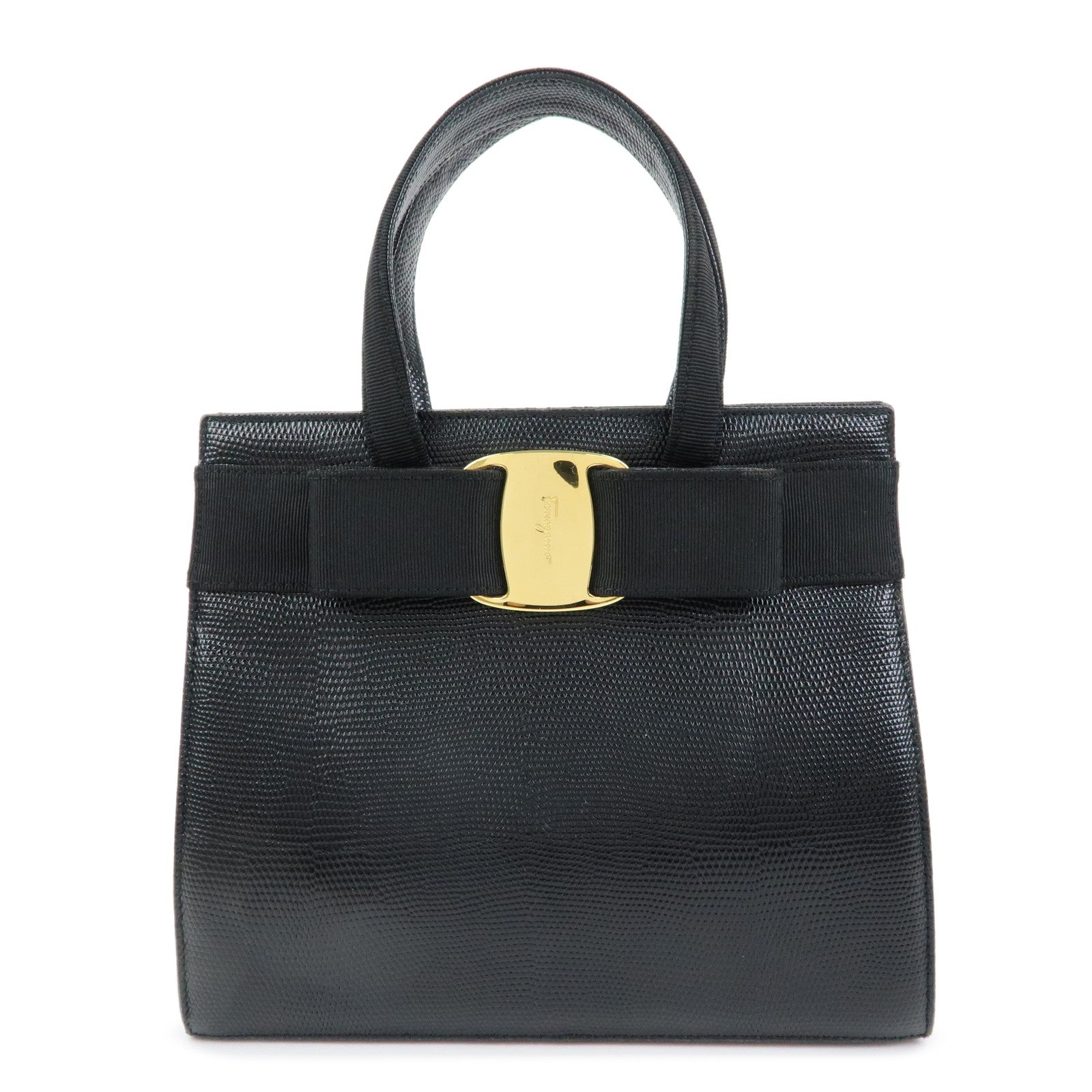 Ferragamo Vara Ribbon Embossed Leather Canvas 2Way Hand Bag Black