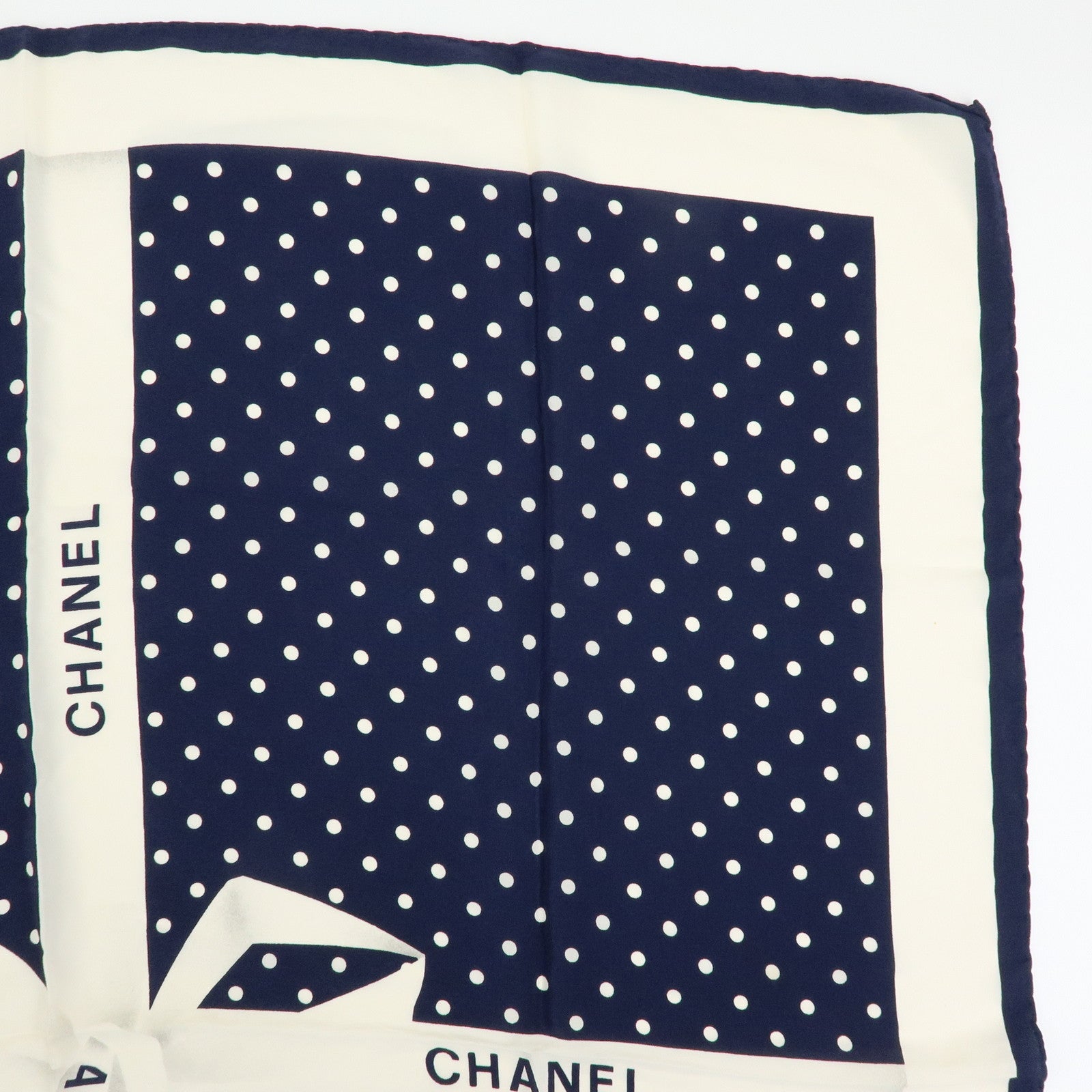 CHANEL Silk 100% Scarf Poka Dots Ribbon Design White Navy