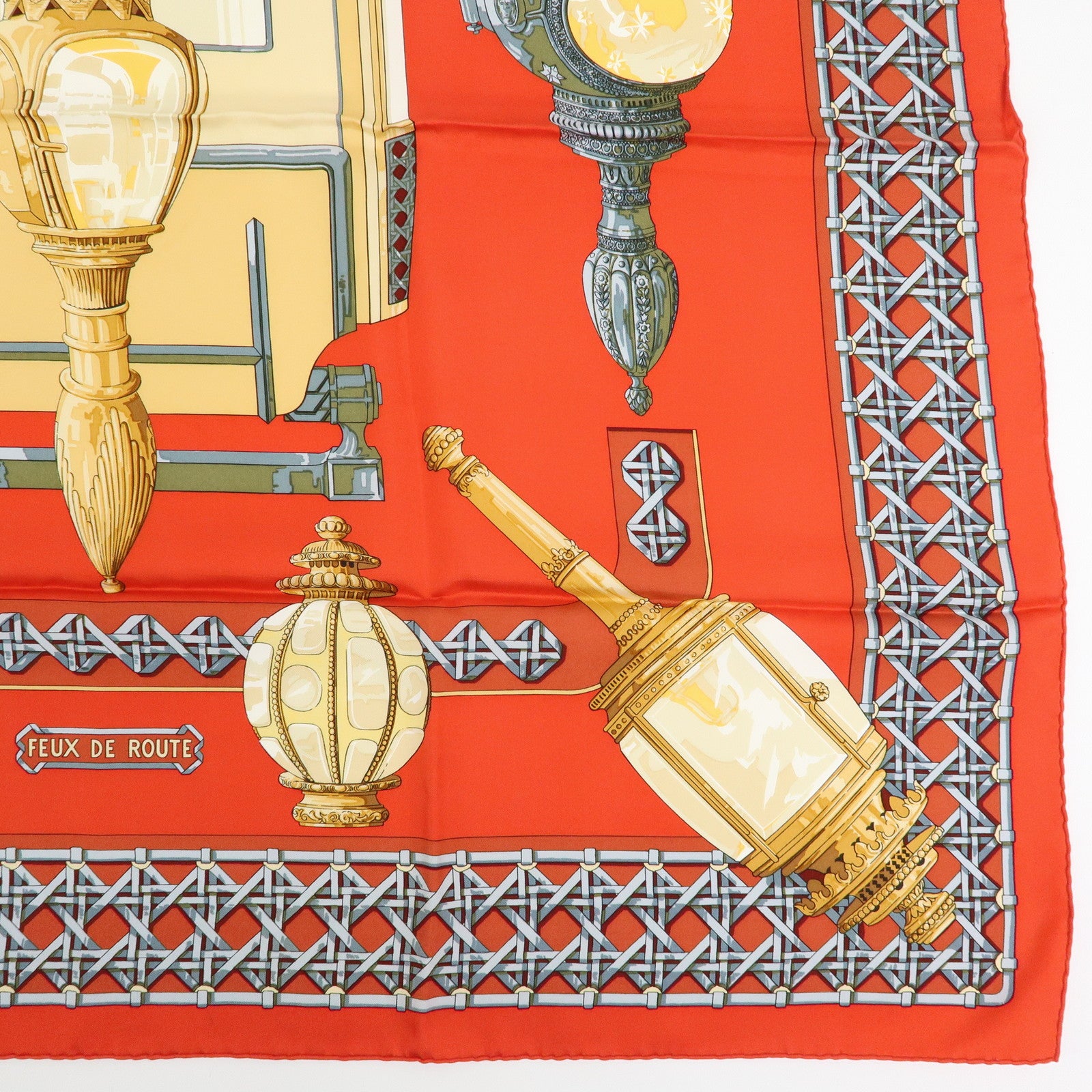 HERMES Carre 90 Silk 100% Scarf FEUX DE ROUTE Lantern Motif Red Gold