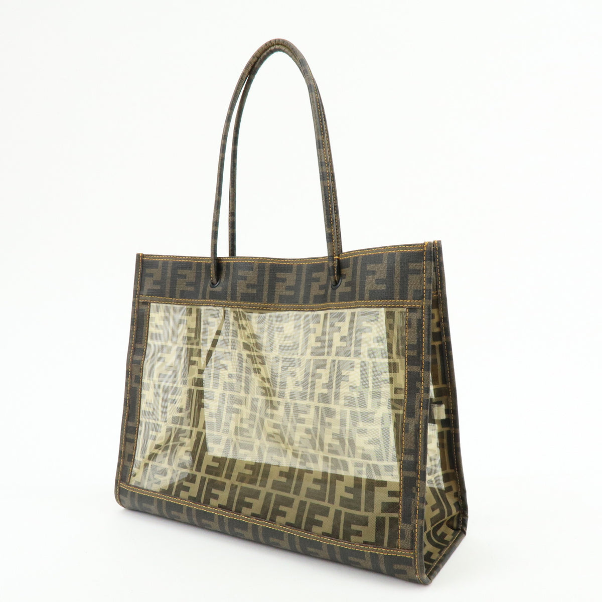 FENDI Zucca PVC Mesh Leather Tote Bag Shoulder Bag Brown Black 8BH183