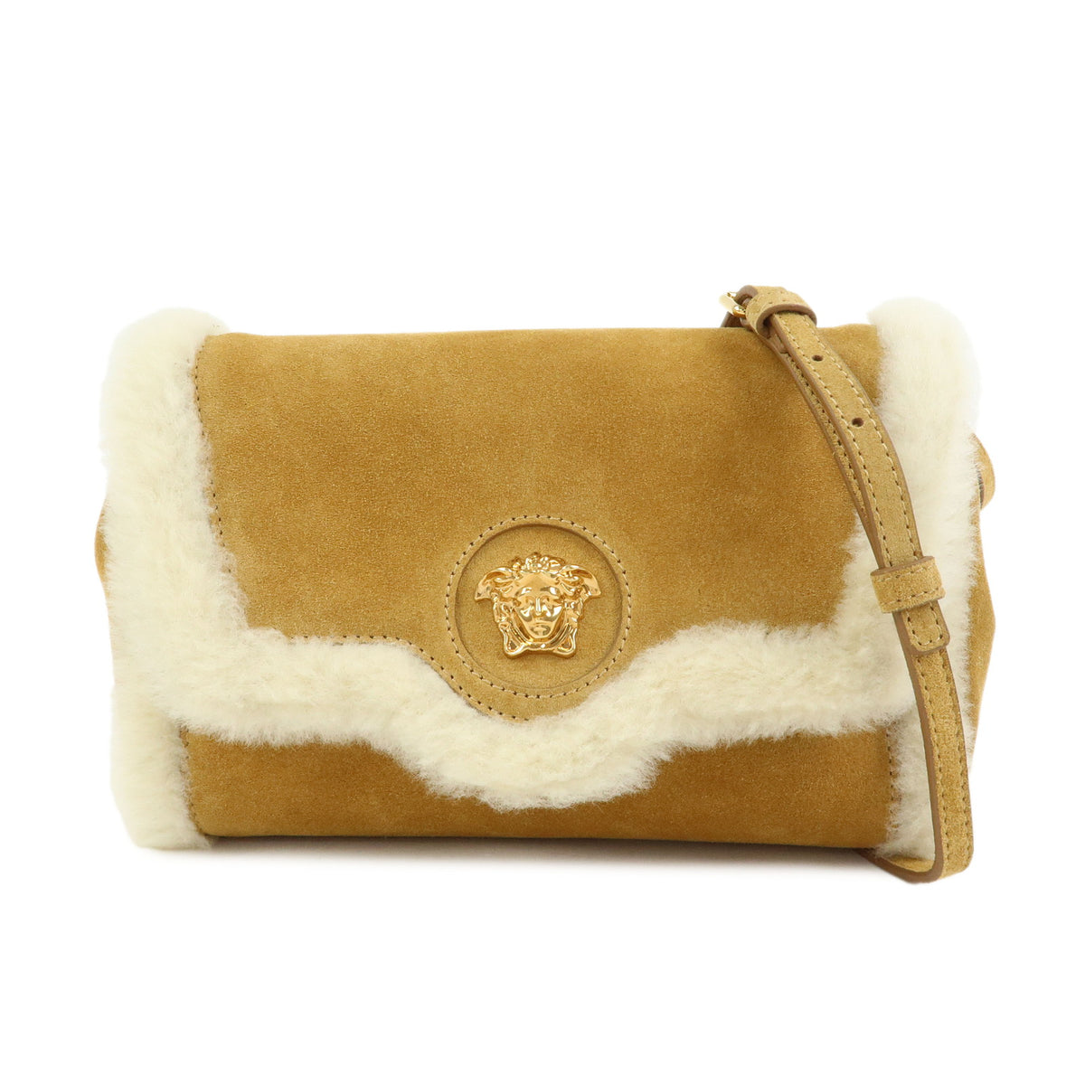 VERSACE Meduca Suede Fur 2Way Bag Hand Shoulder Bag Beige