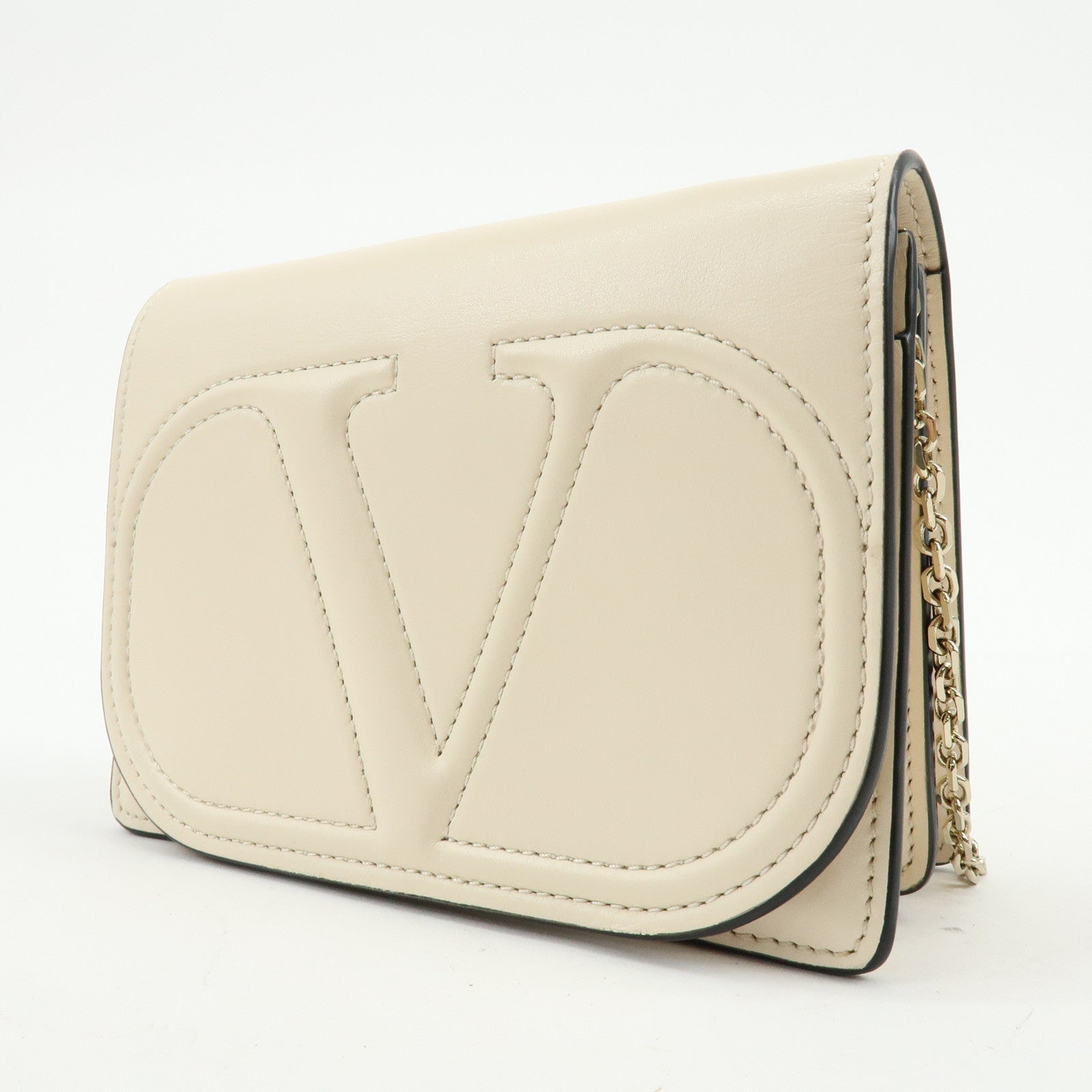 VALENTINO V Logo Leather Chain Shoulder Bag Crossbody Bag Ivory