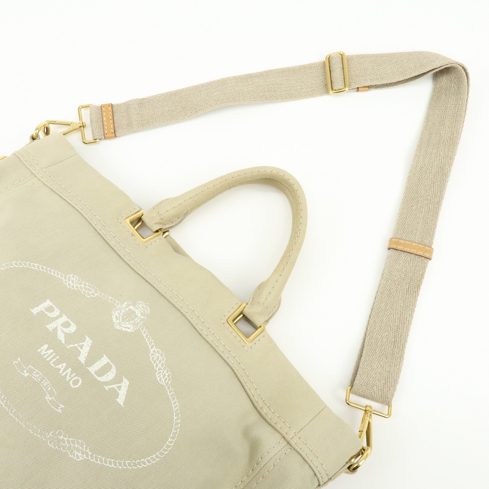 PRADA Triangle Logo Canvas 2Way Bag Tote Shoulder Bag Beige BN2069