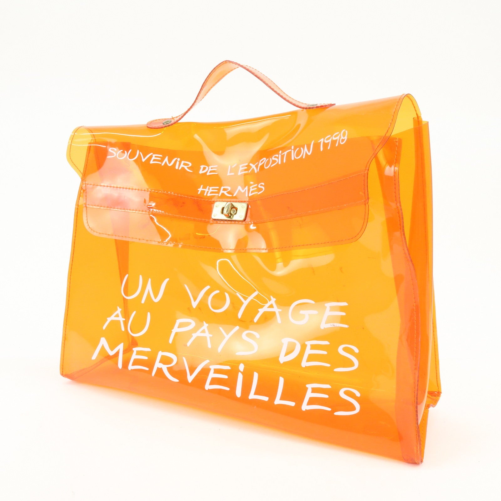 HERMES Kelly Vinyl Hand Bag Clear Orange