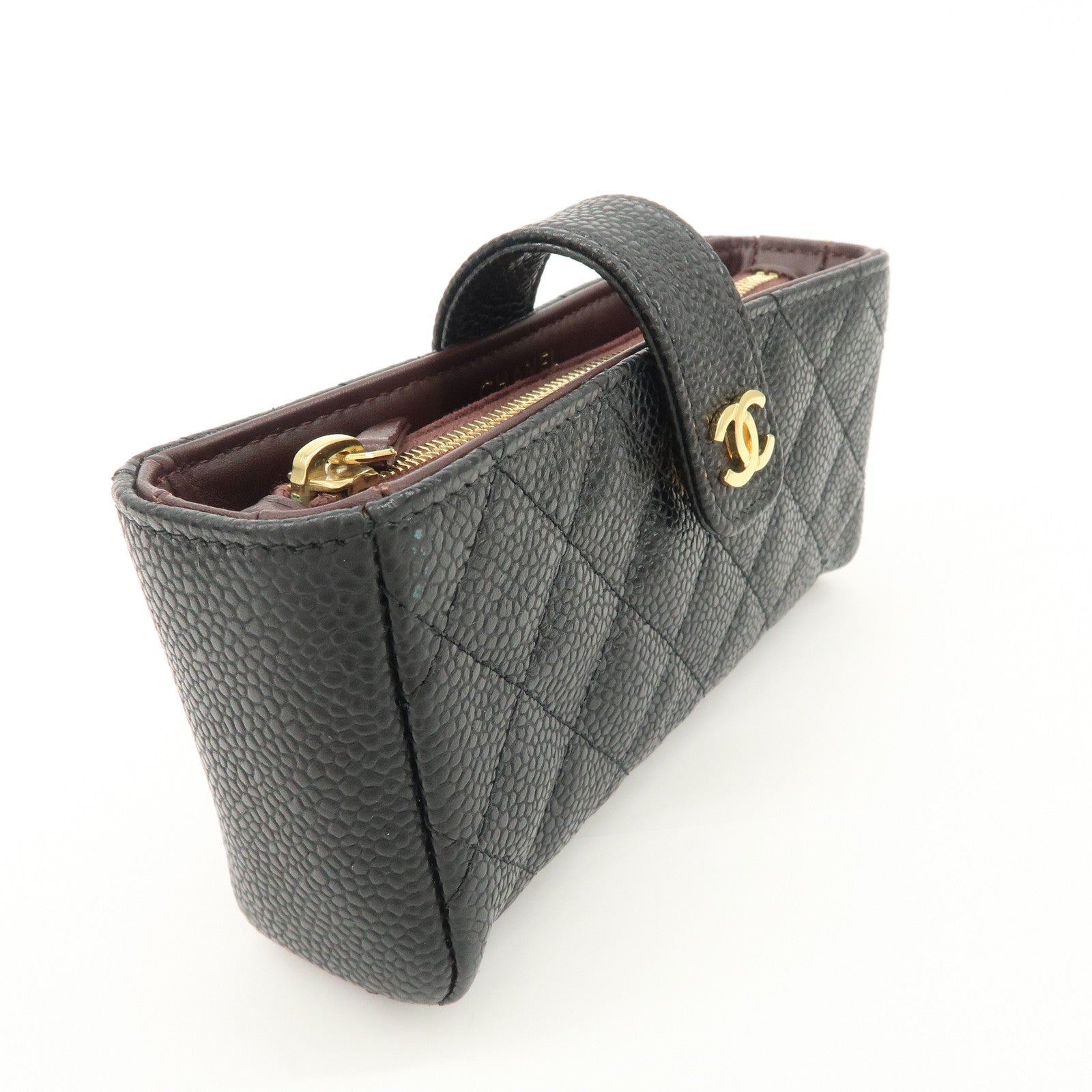 CHANEL COCO Mark Matelasse Caviarskin Pouch Black Gold A48227 Used