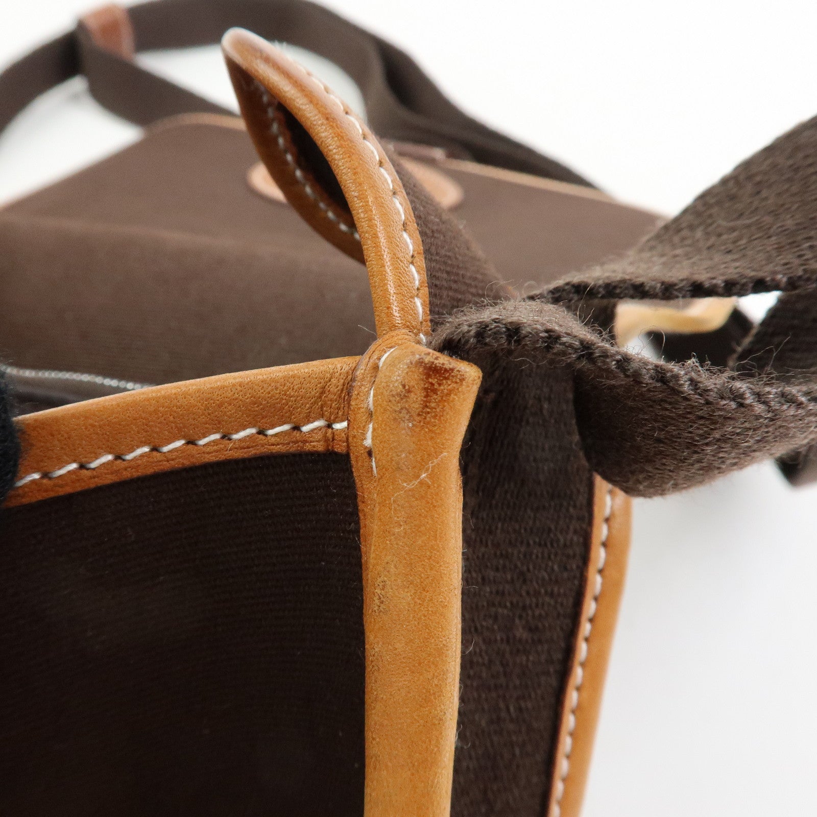 HERMES Buenaventura PM Toile Officier Leather Shoulder Bag Dark Brown