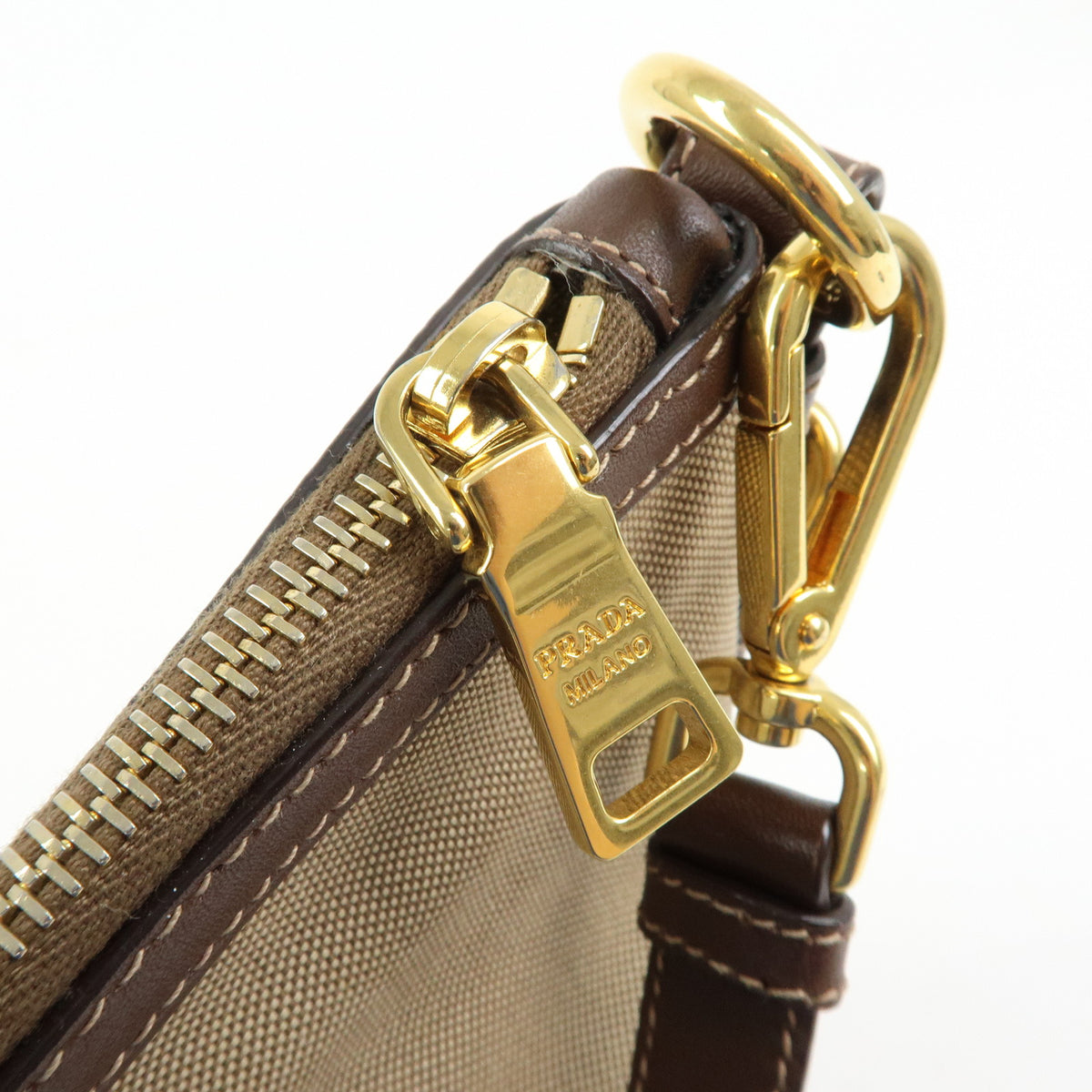 PRADA Jacquard Canvas Leather Shoulder Bag Crossbody Bag Beige Brown
