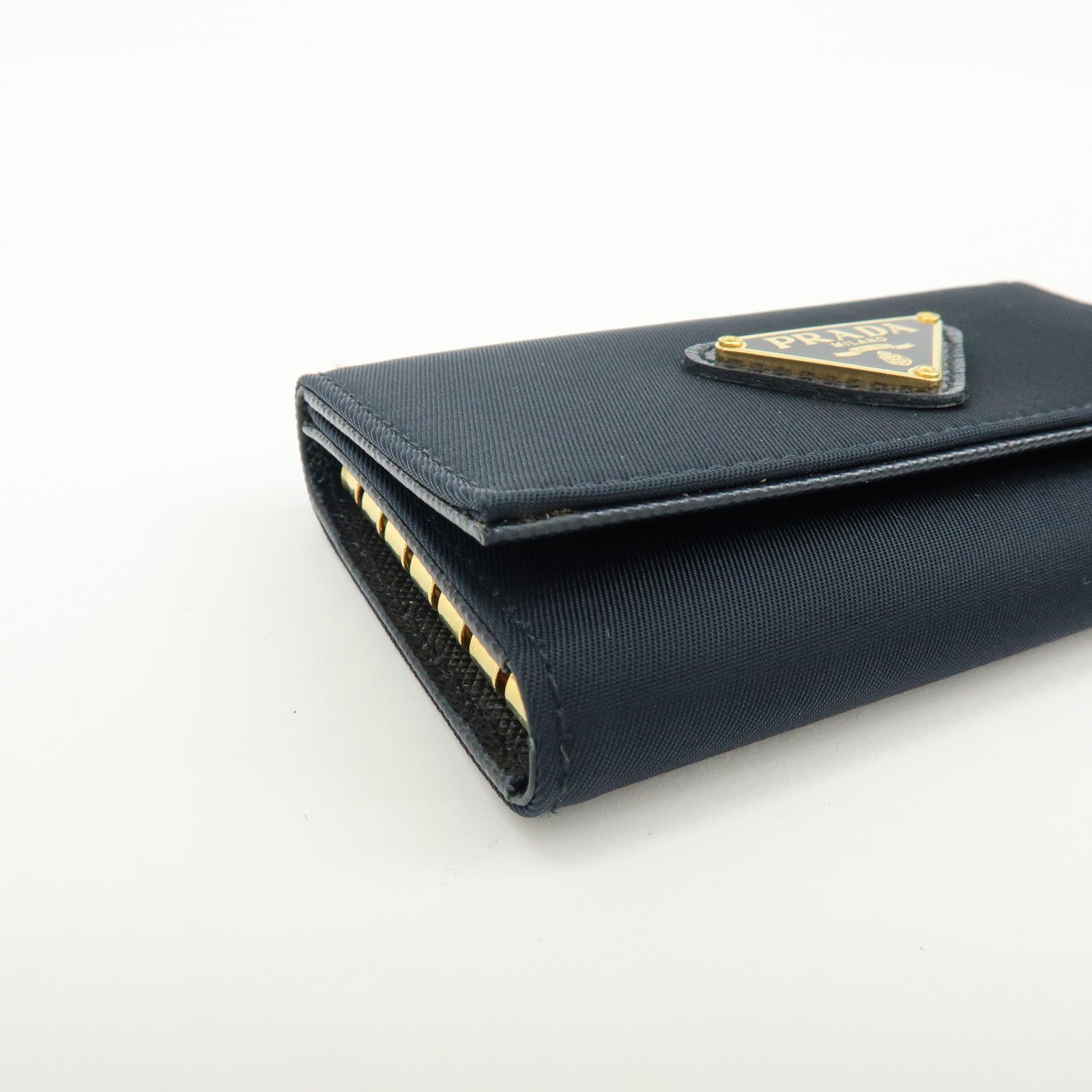 PRADA Triangle Logo Nylon Saffiano Leather Key Case Black 1M0222