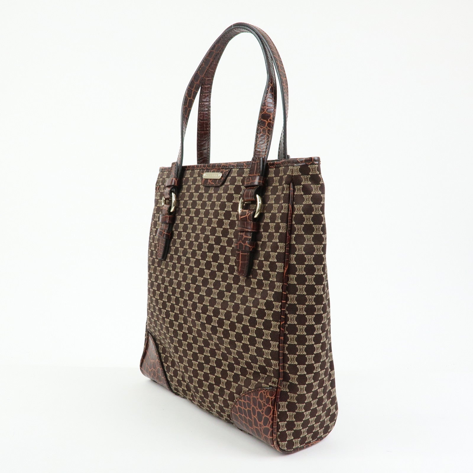 CELINE Macadam Embossed Leather Canvas Tote Bag Hand Bag Brown