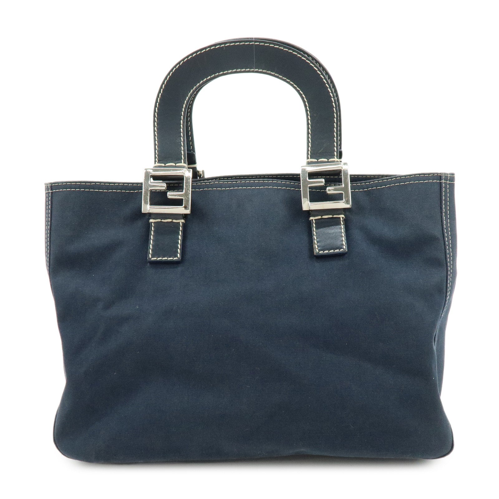 FENDI Canvas Leather Tote Bag Hand Bag White Stitch Navy 26693