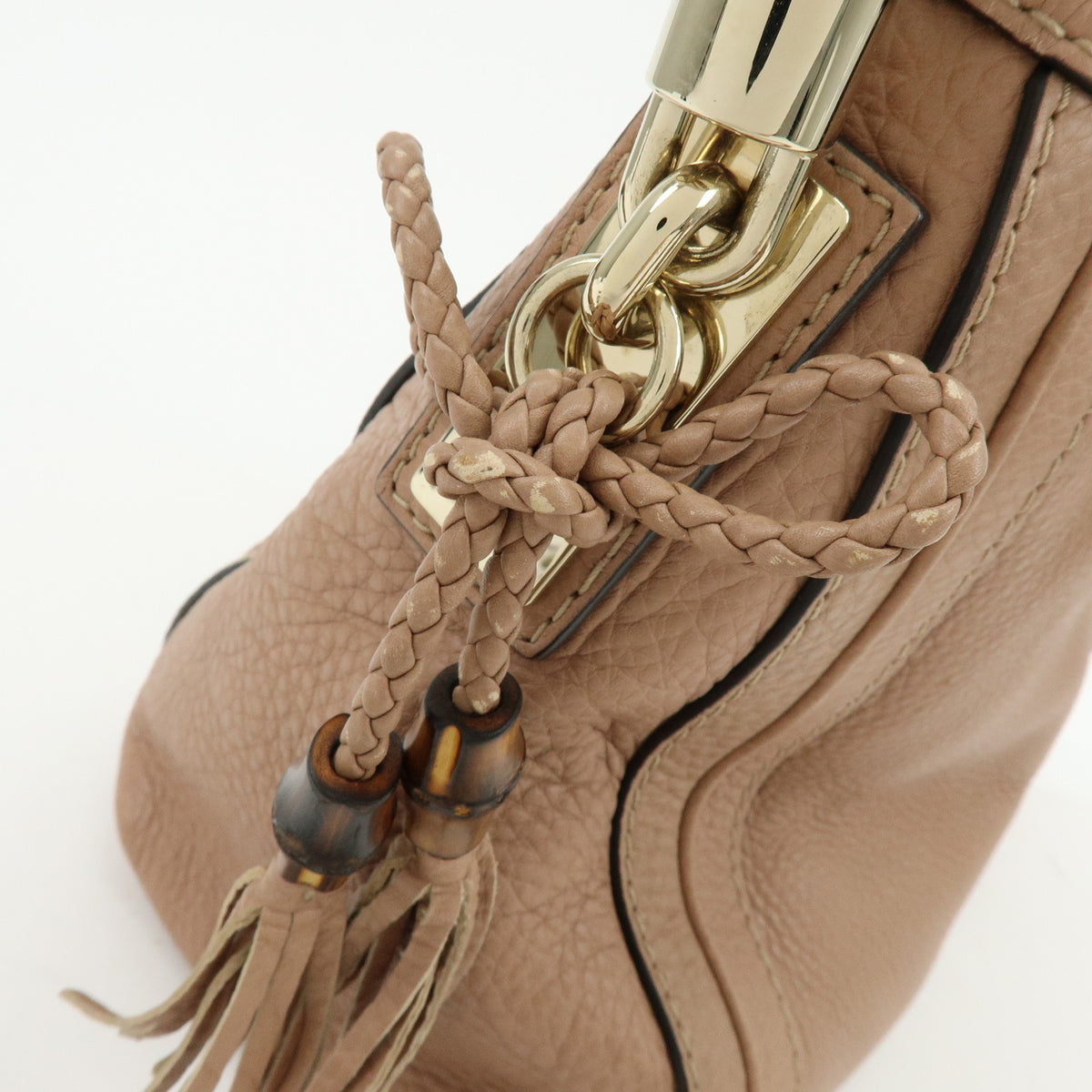 GUCCI Bamboo Leather Shoulder Bag Tassel Charm Pink Beige 269949