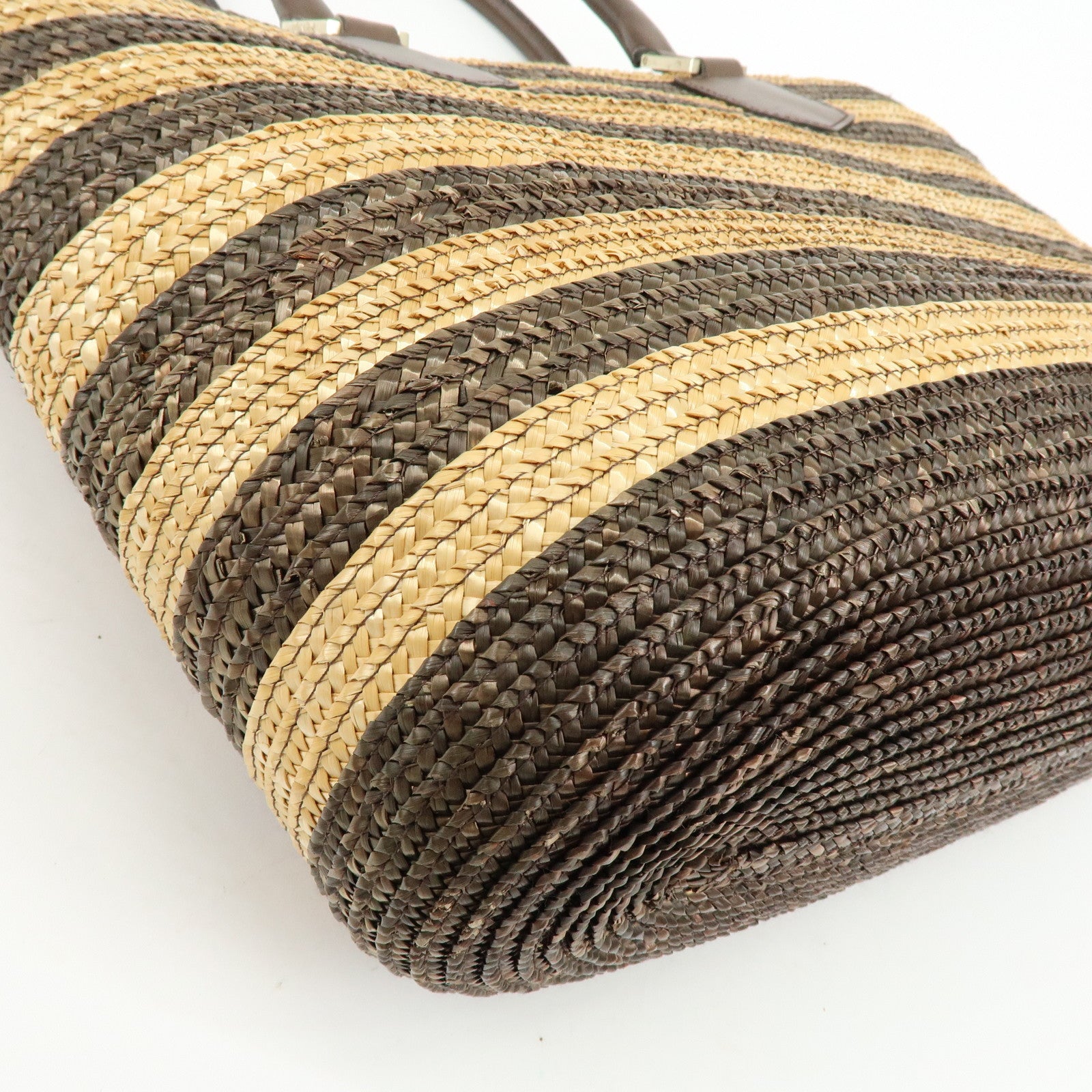 FENDI Pequin Raffia Leather Tote Bag Shoulder Bag Brown Natural