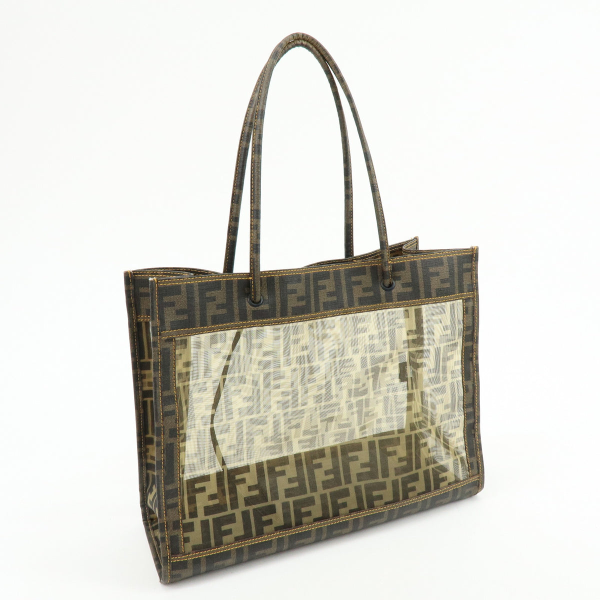 FENDI Zucca PVC Mesh Leather Tote Bag Shoulder Bag Brown Black 8BH183