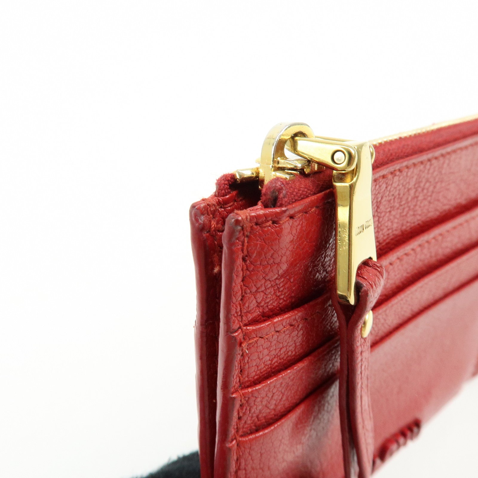 MIU MIU Madras Leather Slim Card Holder Fragment Coin Case Red 5MC446