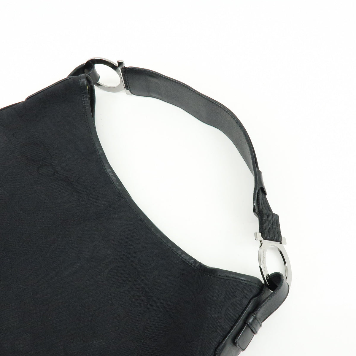 Ferragamo Gancini Canvas Leather Shoulder Bag Hand Bag Black