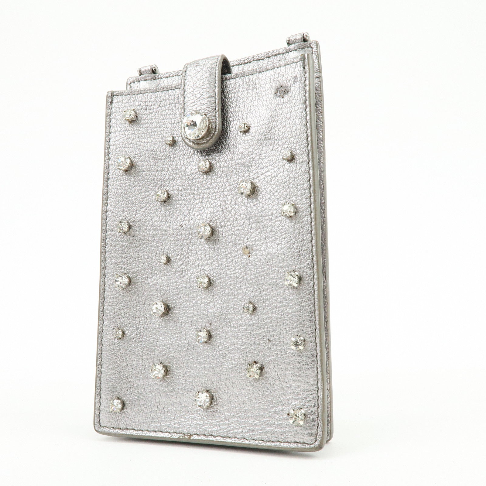MIU MIU Madras Leather Studs Shoulder Bag Crossbody Phone Pouch Silver