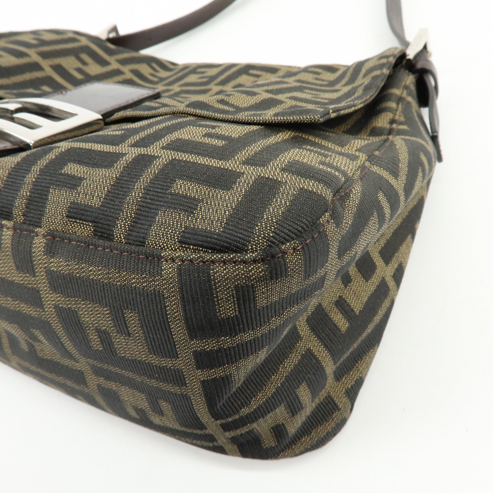 FENDI Mamma Baguette Jacquard Canvas Leather Shoulder Bag Brown 26325