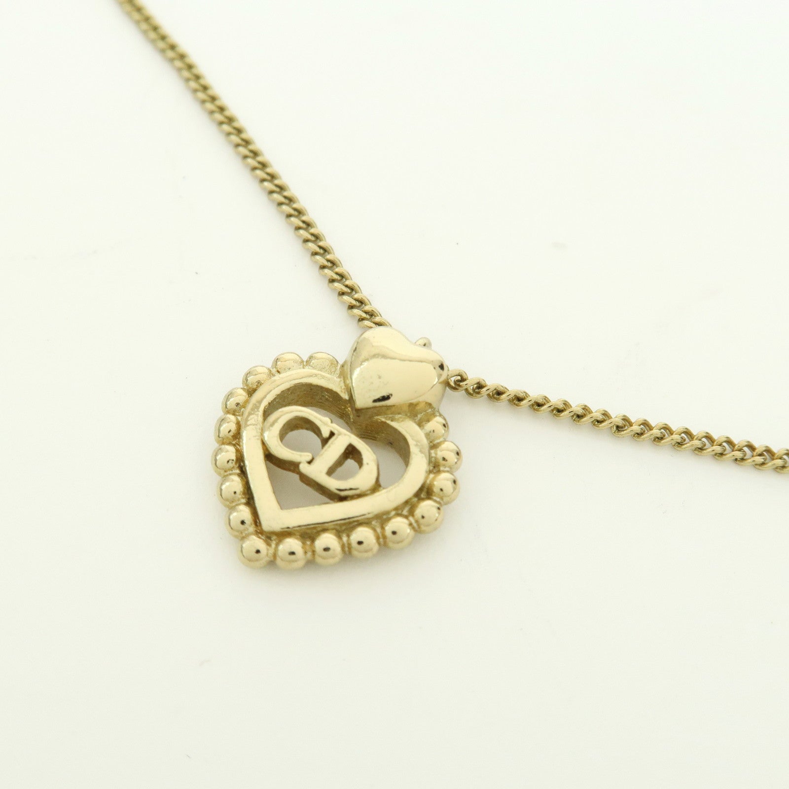 Christian Dior Logo Pendant Metal Necklace Heart Motif Gold