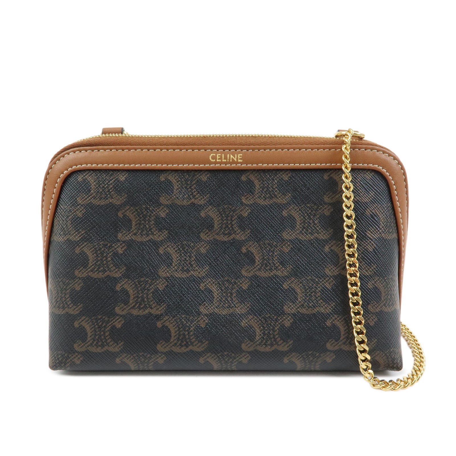 CELINE Triomphe Macadam PVC Lamb Skin Chain Clutch Bag Cosmetic Pouch