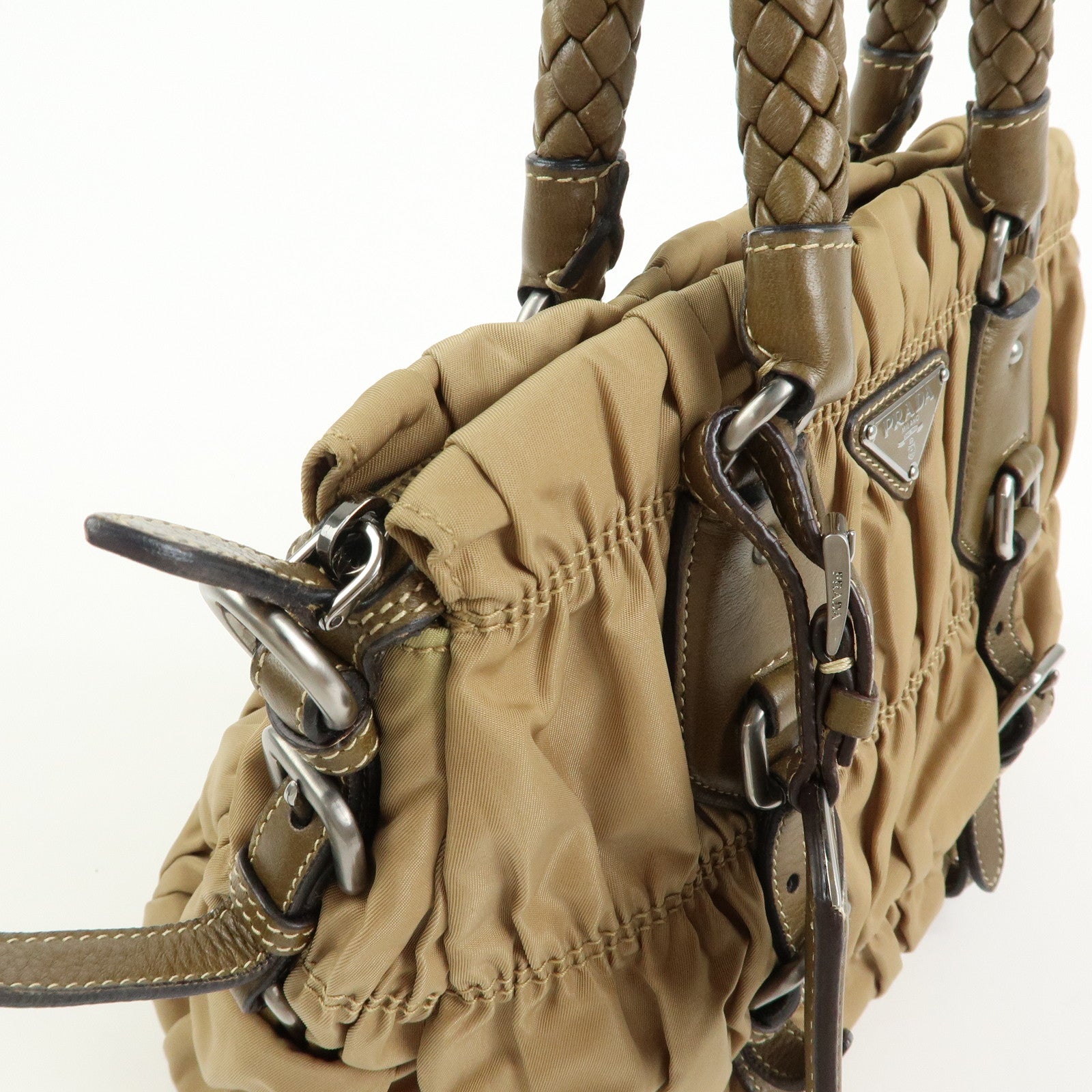 PRADA Triangle Logo Nylon Leather Tessuto Gaufre Hand Bag Brown