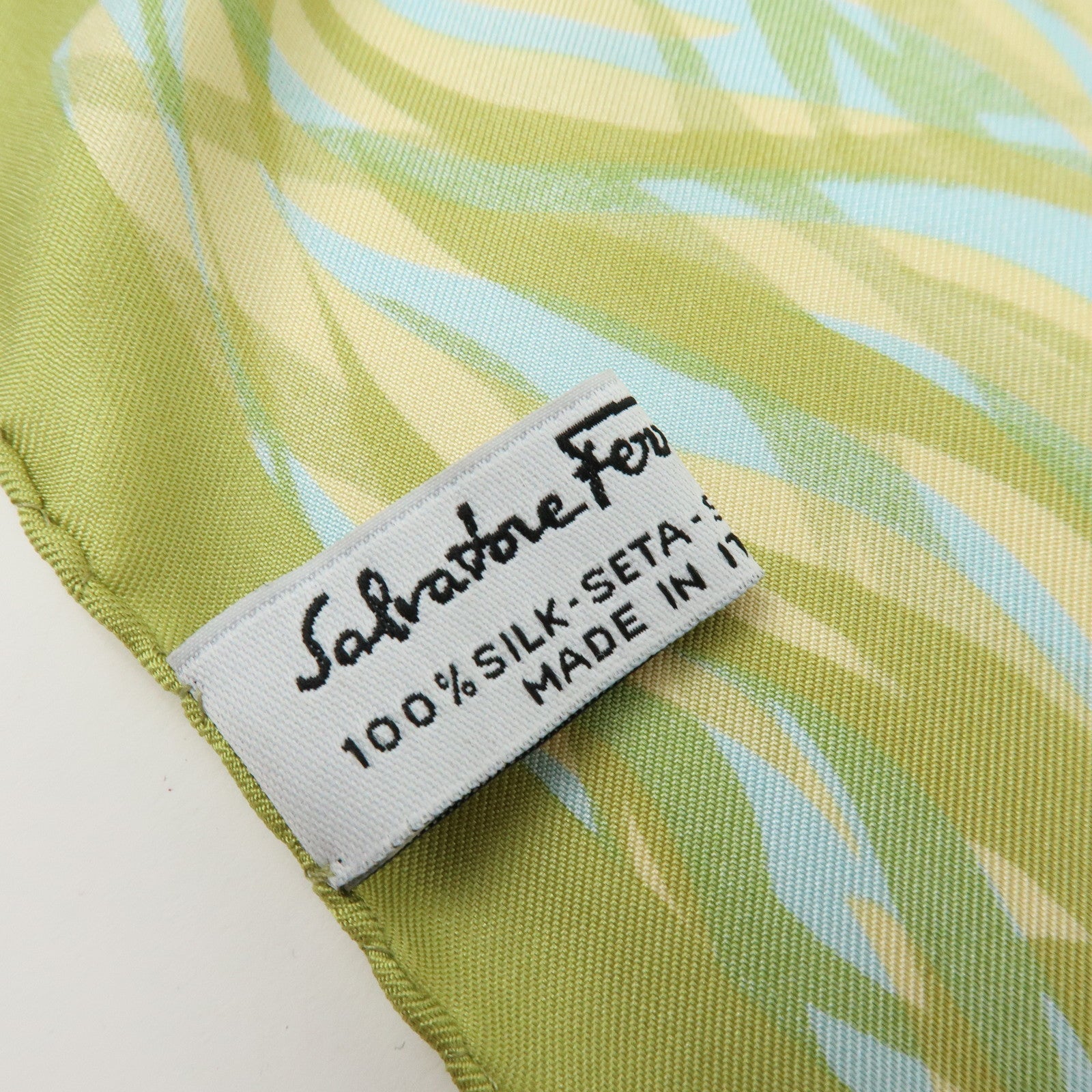 Ferragamo Set of 2 Silk 100% Scarf Tiger Elephant Print Light Green