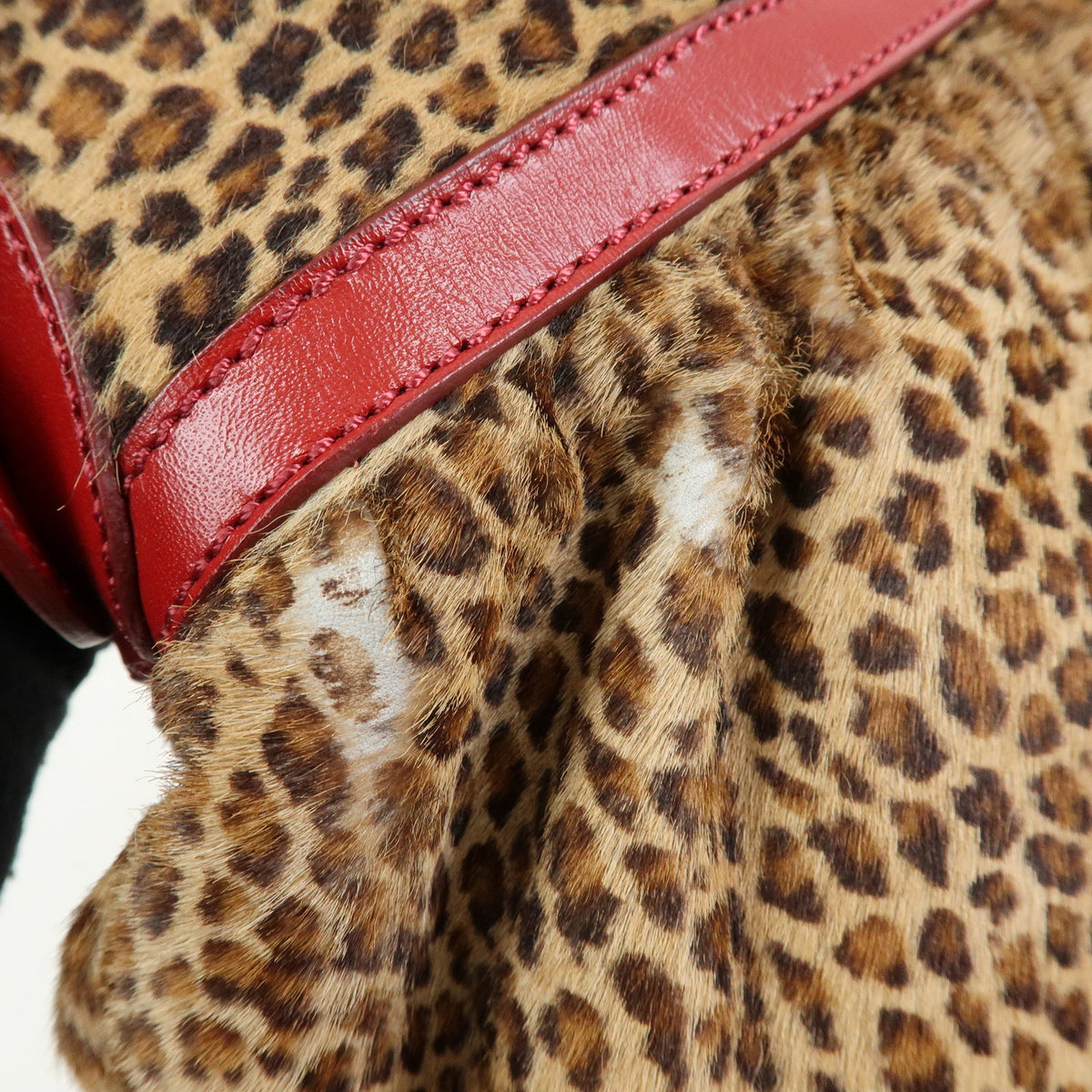 FENDI Pony Hair Leather Leopard Shoulder Bag Hand Bag Brown Red 8BR448