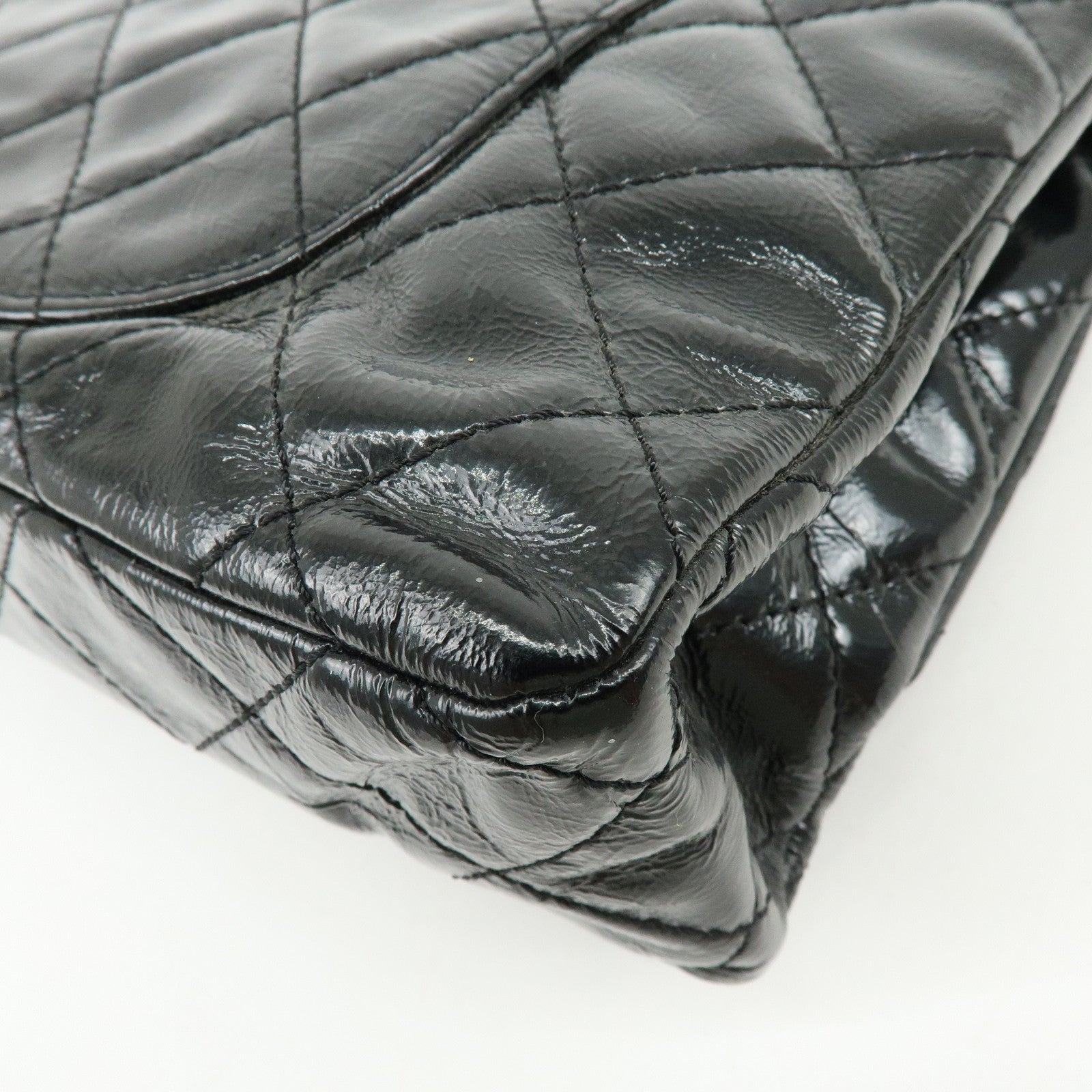 CHANEL 2.55 Patent Leather Chain Shoulder Bag Turn Lock Black