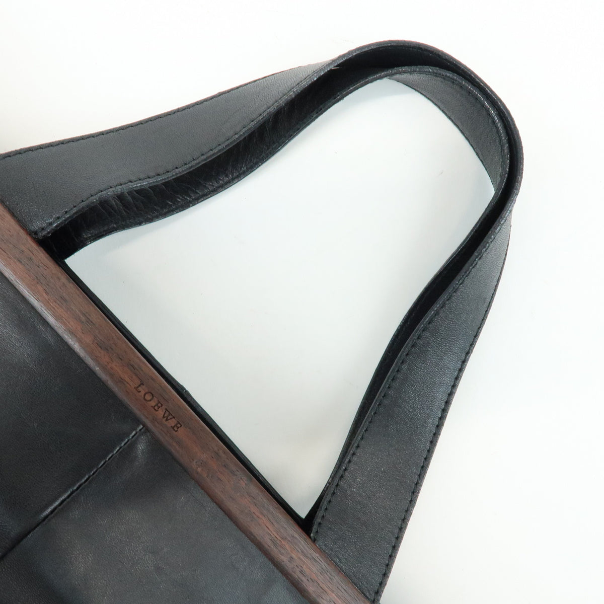 LOEWE Nappa Leather Wood Hand Bag Tote Bag Black Brown