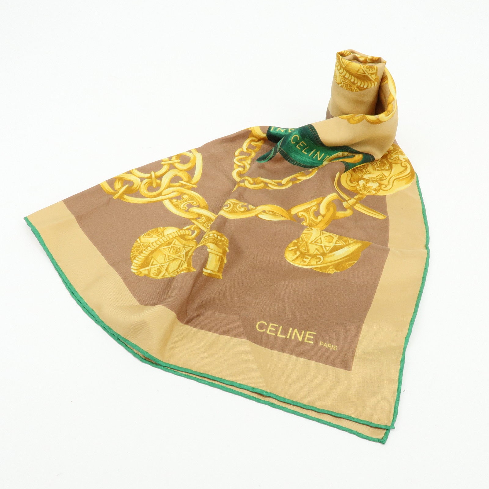 CELINE Silk 100% Scarf Ribbon Chain Brown Green Beige