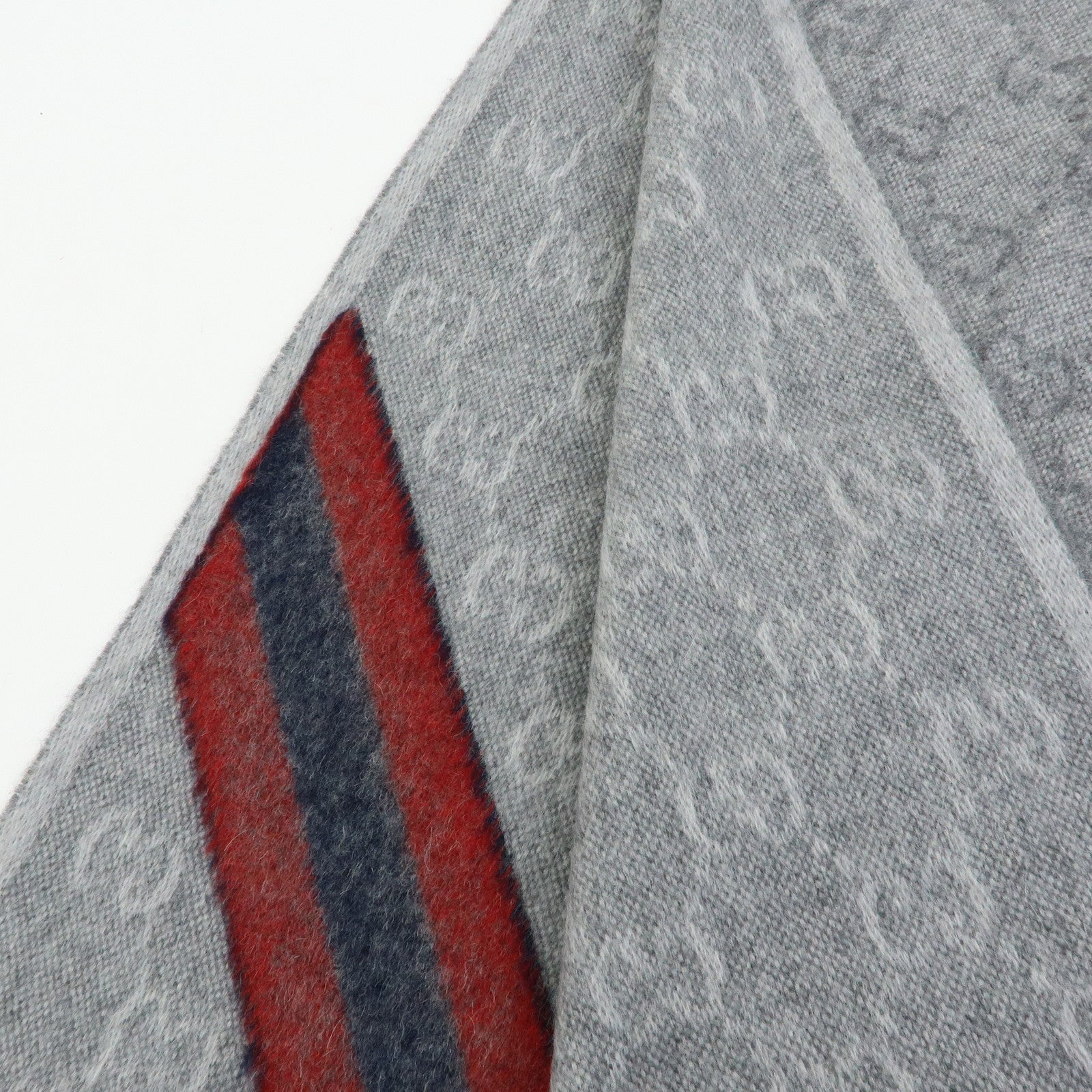 GUCCI Sherry Wool Alpaca Scarf Stole Gray Navy Red
