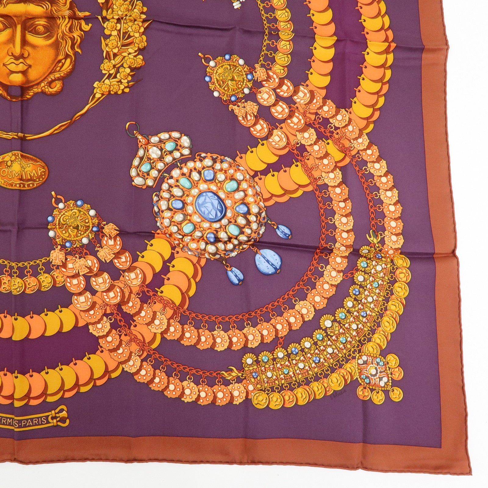 HERMES Carre 90 Silk 100% Scarf KOSMIMA Jewelry Brown Mustard Purple