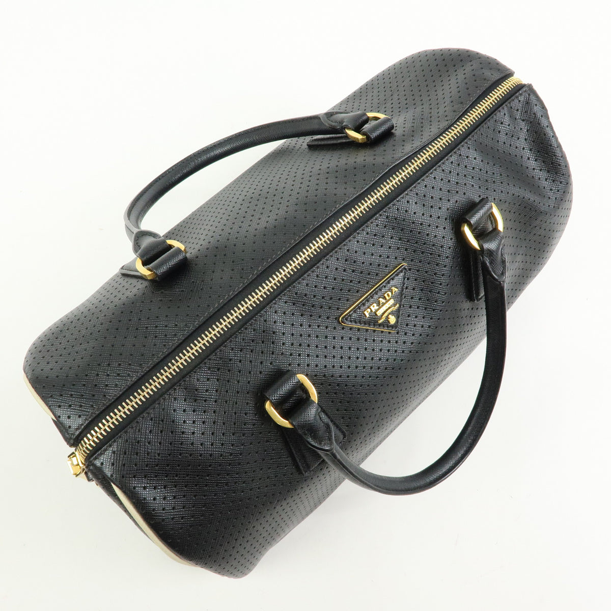PRADA Triangle Logo Perforated Saffiano Leather 2Way Boston Bag Black