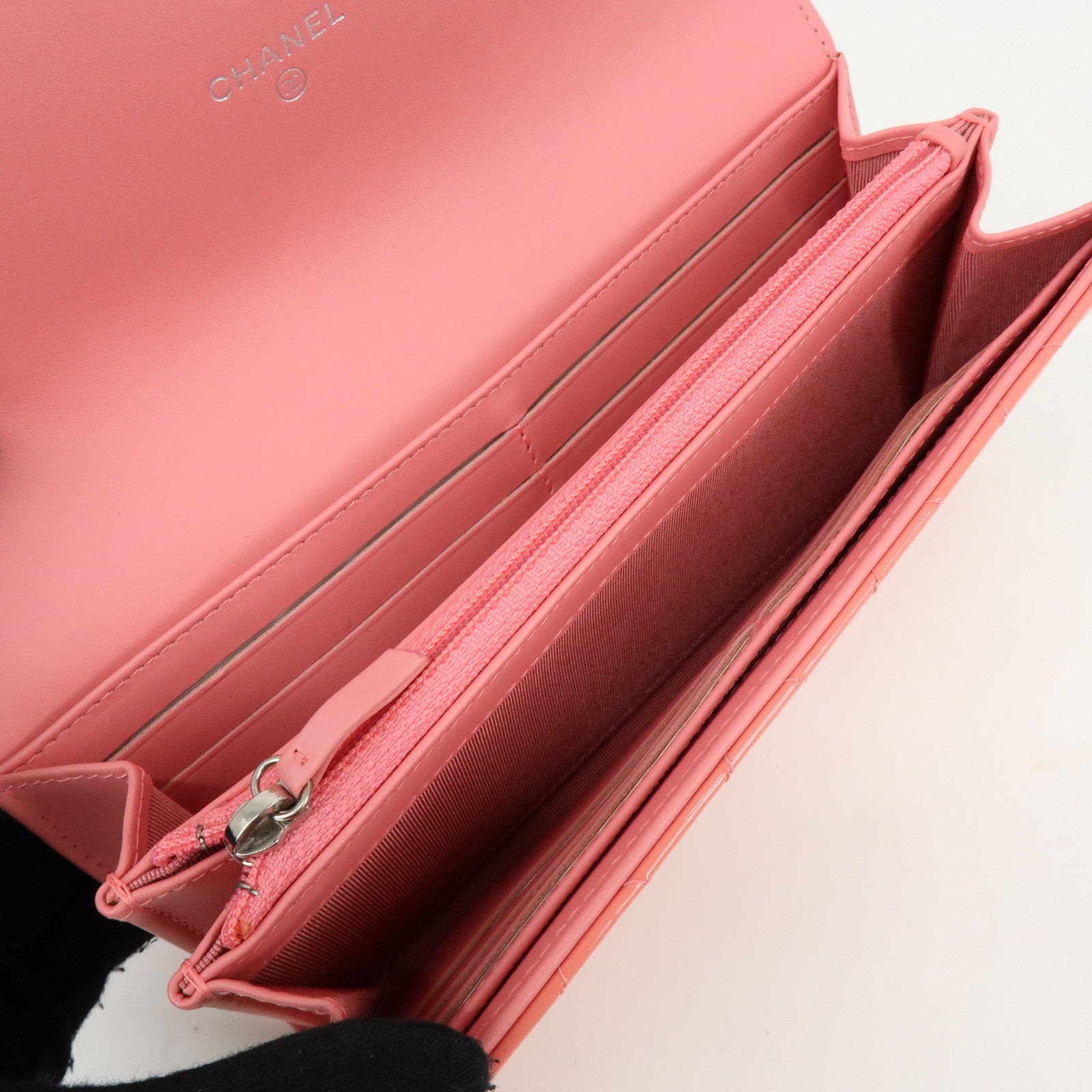 CHANEL COCO Mark Matelasse Patent Leather Long Wallet Salmon Pink