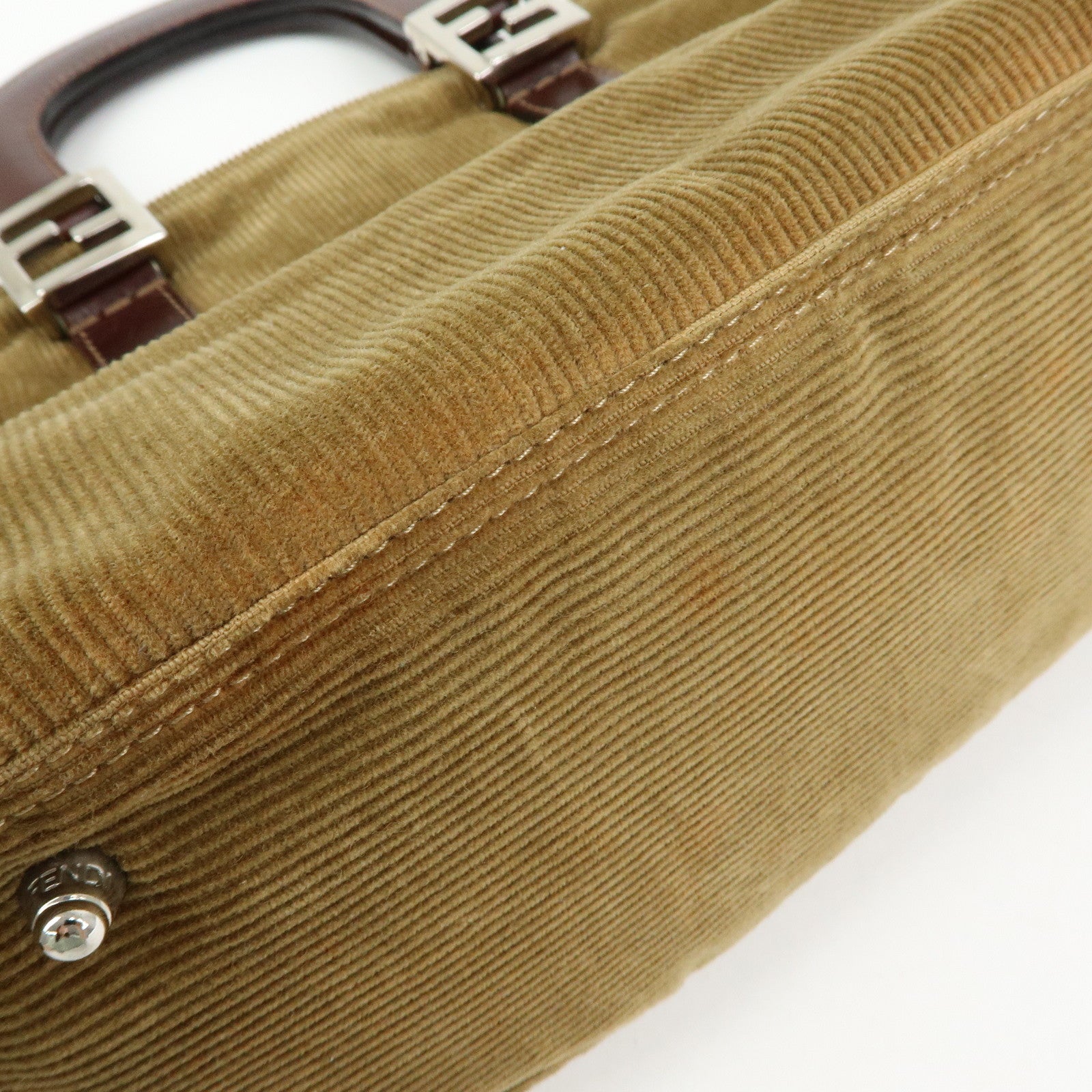 FENDI Corduroy Leather Hand Bag Mini Tote Bag Khaki 26693