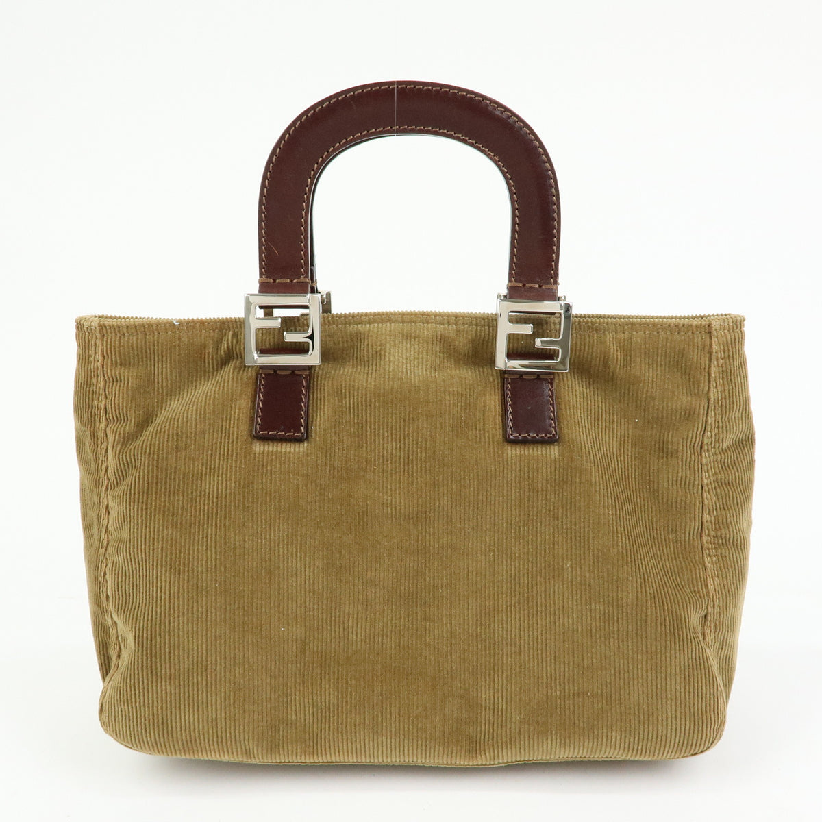 FENDI Corduroy Leather Hand Bag Mini Tote Bag Khaki 26693