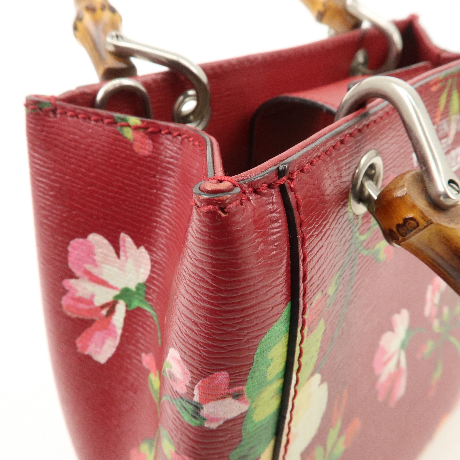 GUCCI Bamboo Leather Flower Mini Shopper 2Way Hand Bag Red 368823 Used
