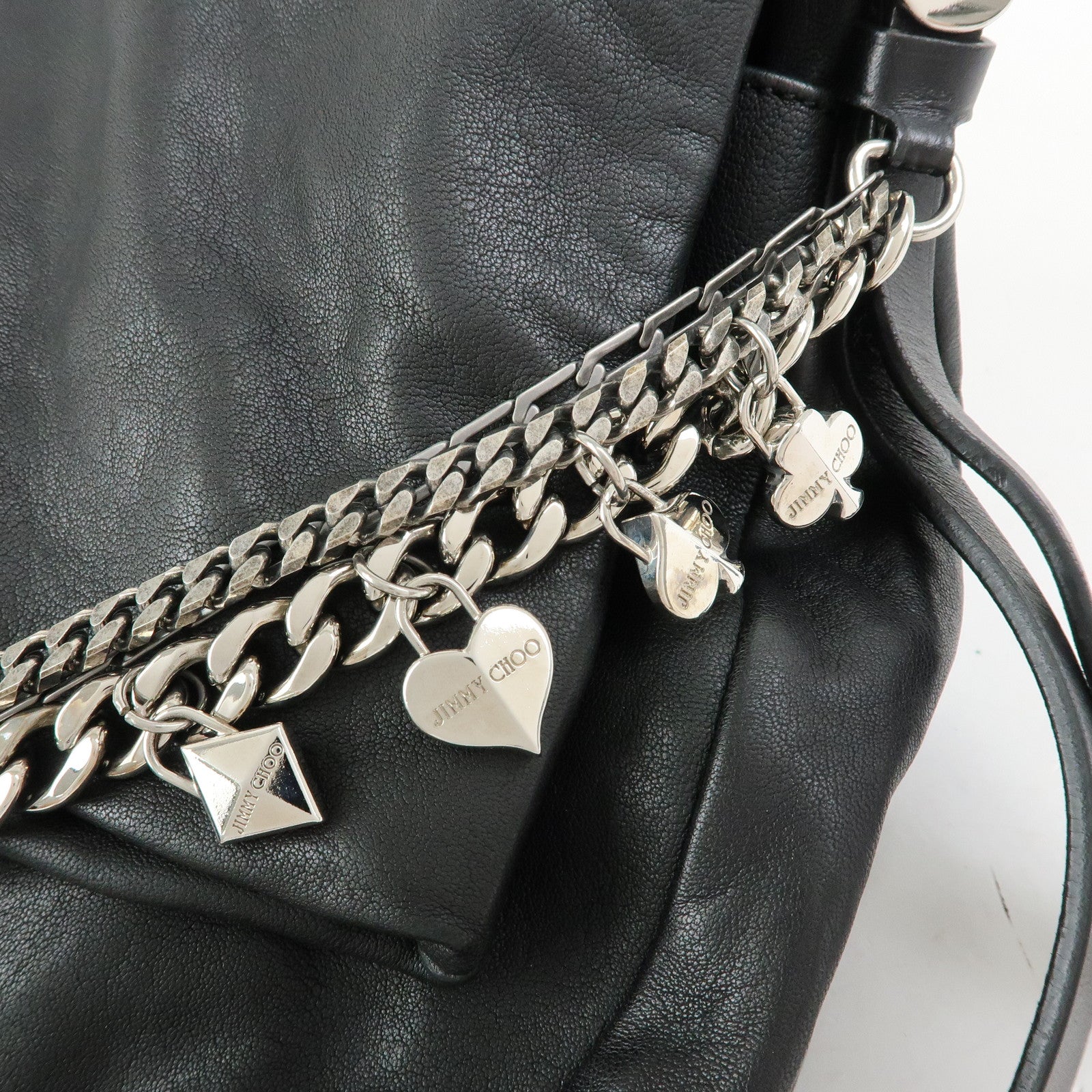 JIMMY CHOO Leather Shoulder Bag Crossbody Bag Metal Chain Black