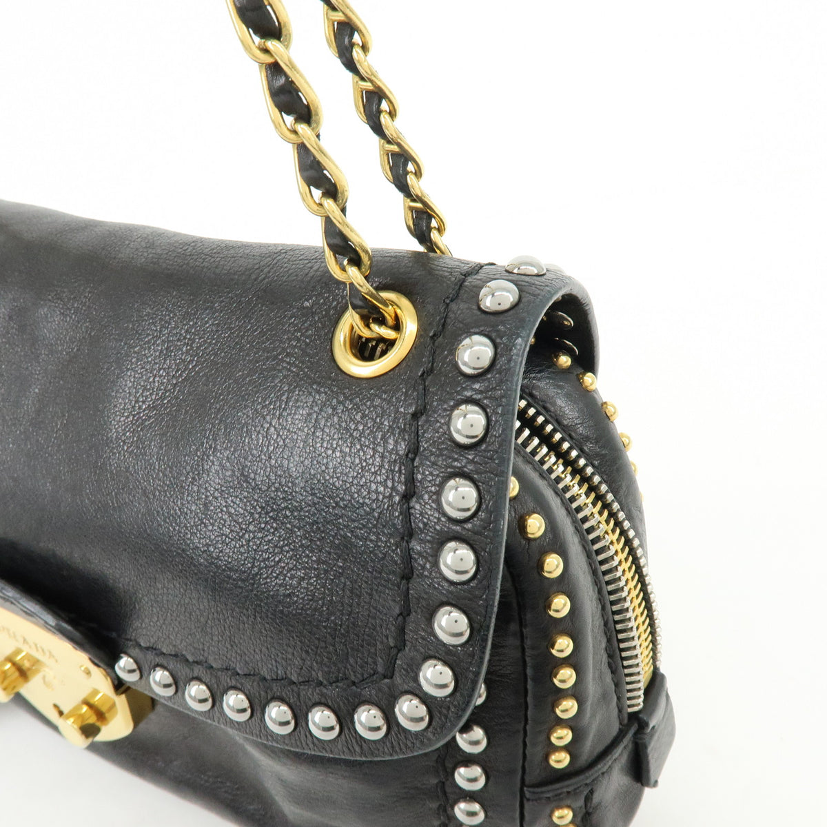 PRADA Leather Chain Shoulder Bag Studded Black Gold Silver BR4588