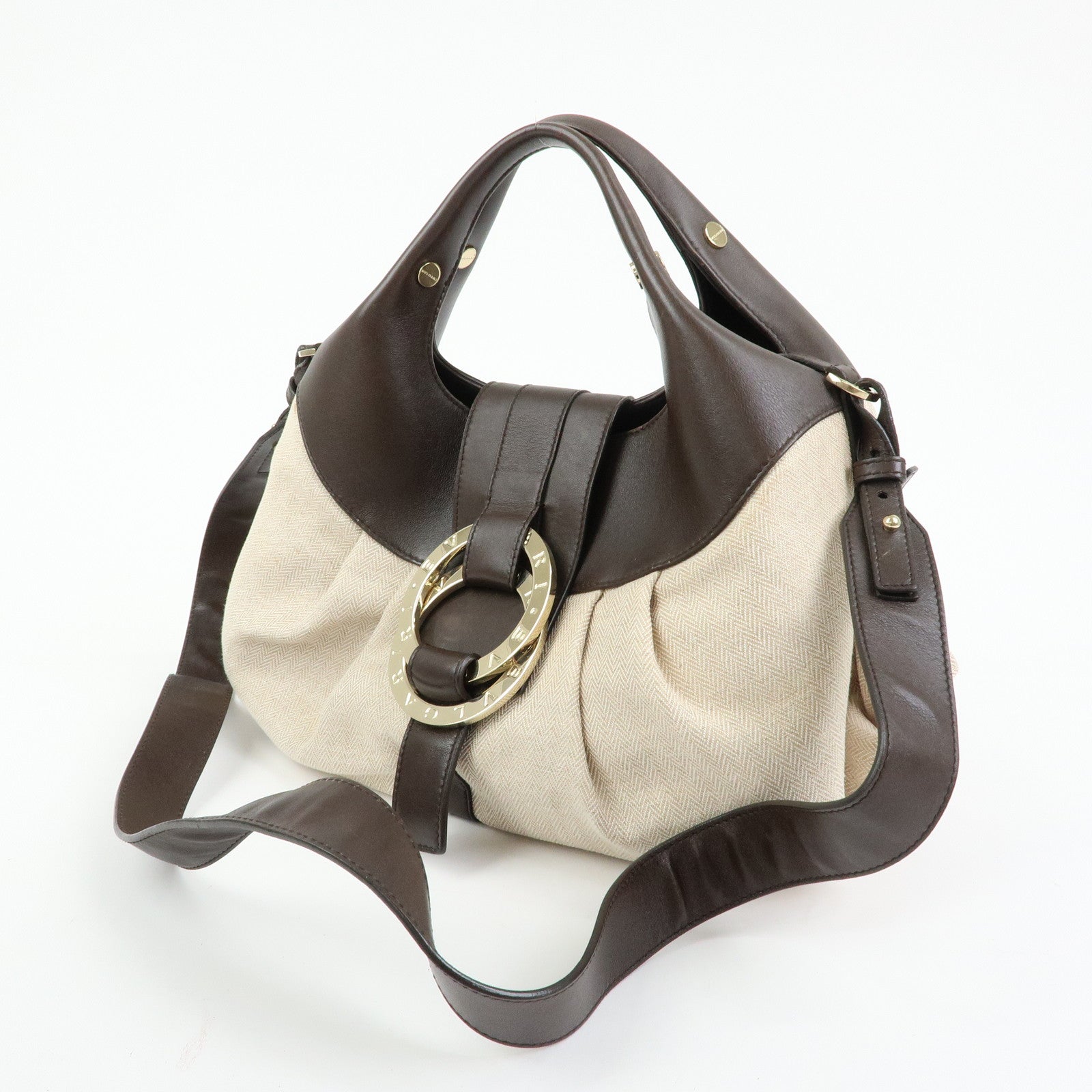 BVLGARI Chandra Canvas Leather 2Way Bag Hand Shoulder Bag Ivory Brown