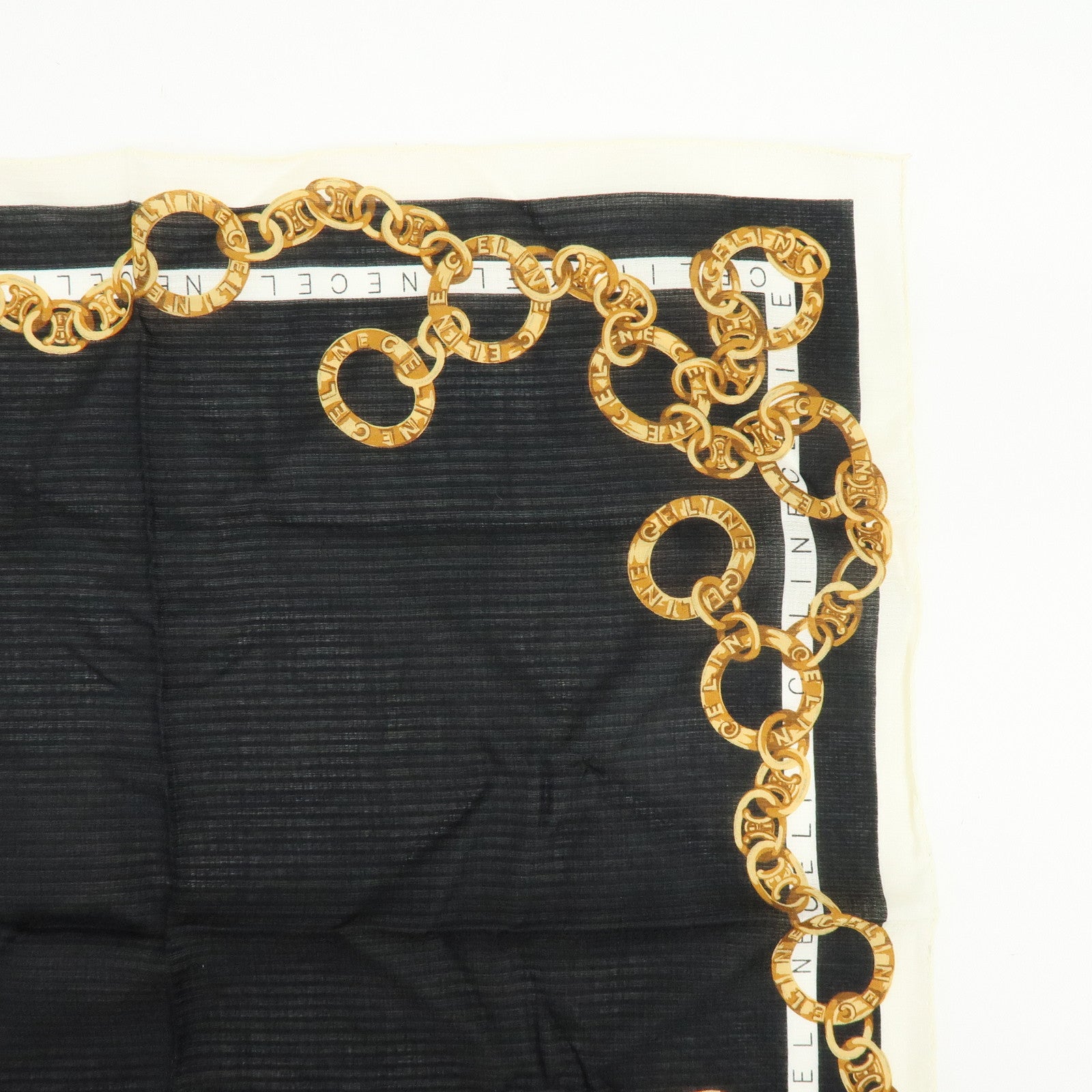 CELINE Set of 2 Silk Cotton Handkerchief Scarf Chain Motif Black Gold